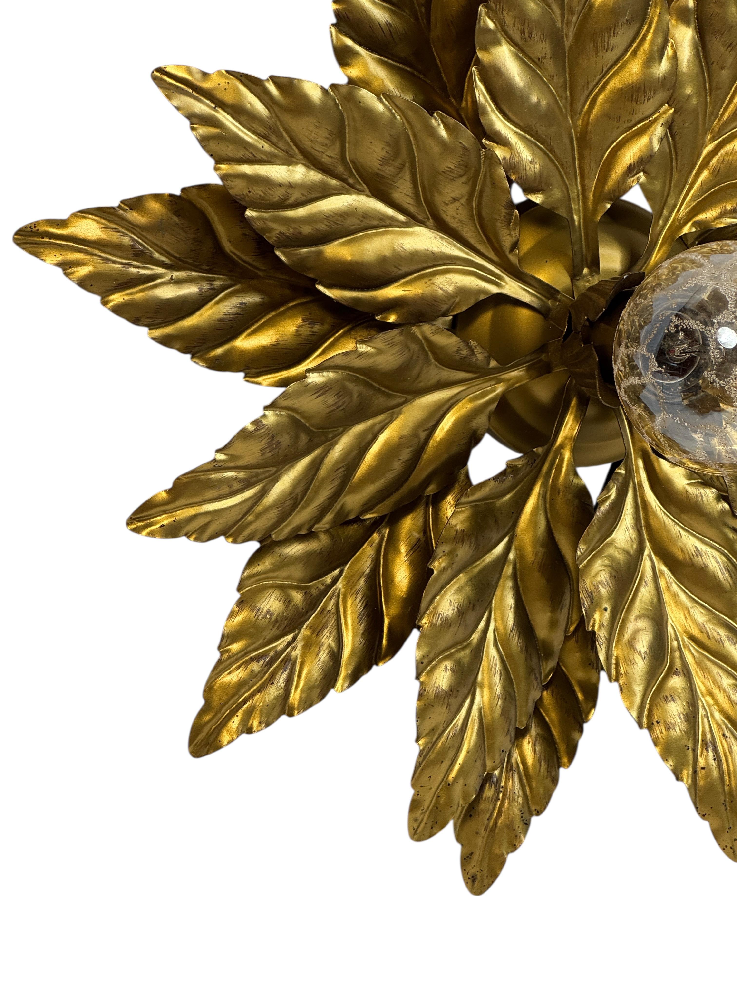 Metal Gorgeous Kogl Koegl Gilt Leaf Tole Flush Mount Light Hollywood Regency, 1960s For Sale