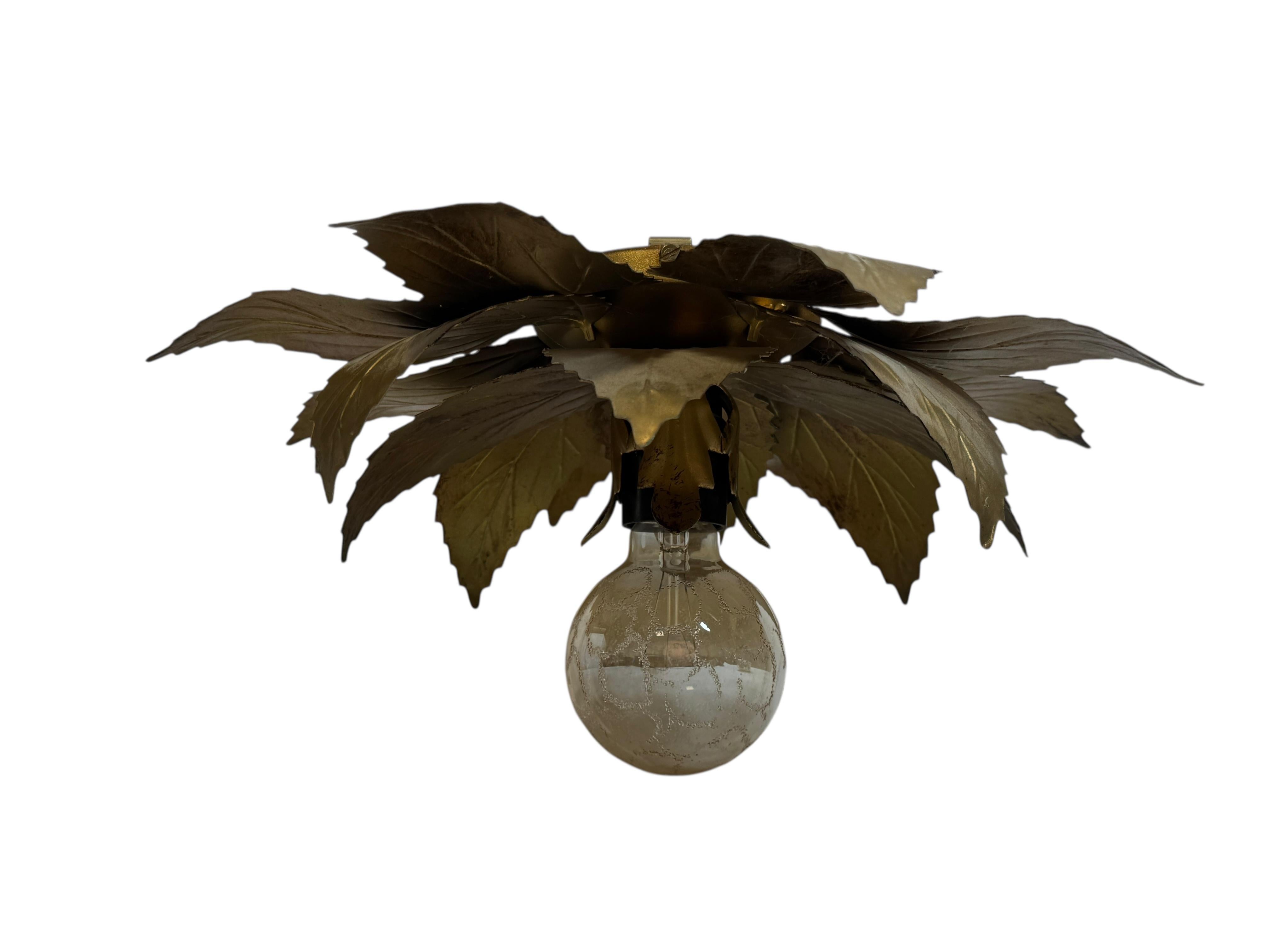 Metal Gorgeous Kogl Koegl Gilt Leaf Tole Flush Mount Light Hollywood Regency, 1960s For Sale