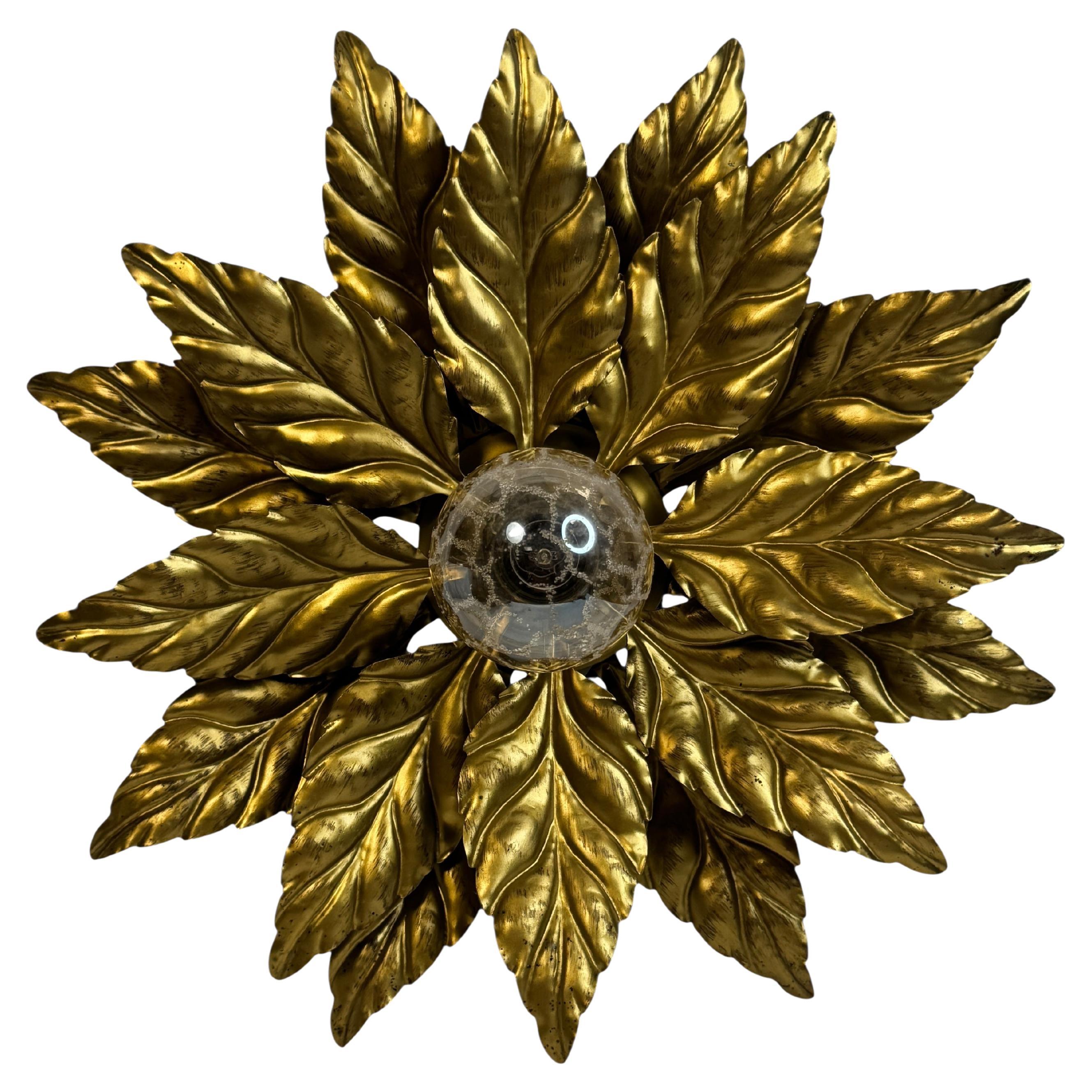 Gorgeous Kogl Koegl Gilt Leaf Tole Flush Mount Light Hollywood Regency, 1960s