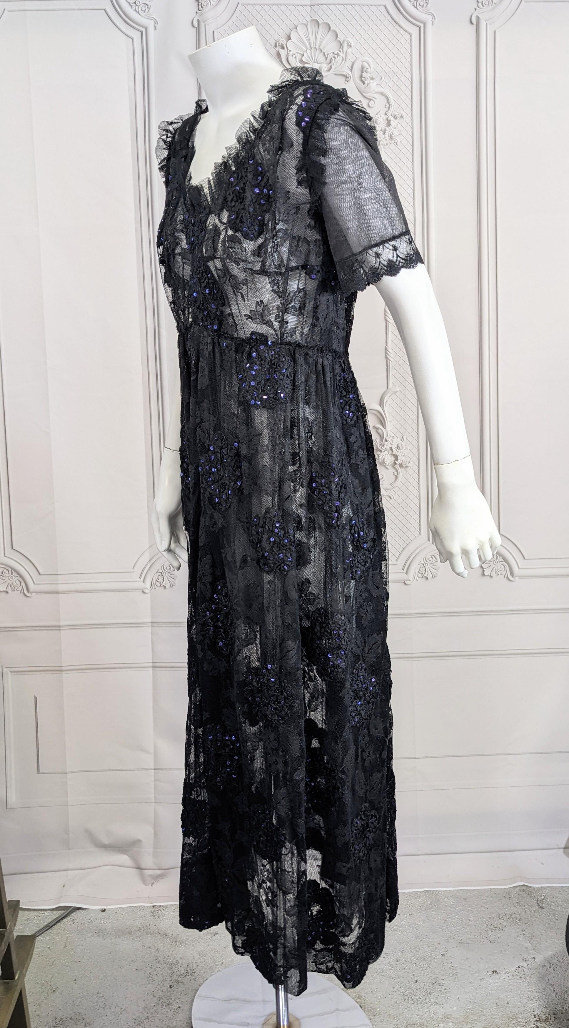 Gorgeous Lace and Sequin Hydrangea Gown In Good Condition For Sale In New York, NY