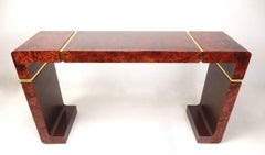 Gorgeous Lacquered Birdseye Burl and Brass Console Table or Desk