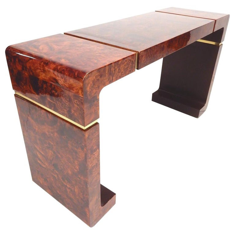 Lacquered Birdseye Burl and Brass Console Table or Desk at 1stDibs