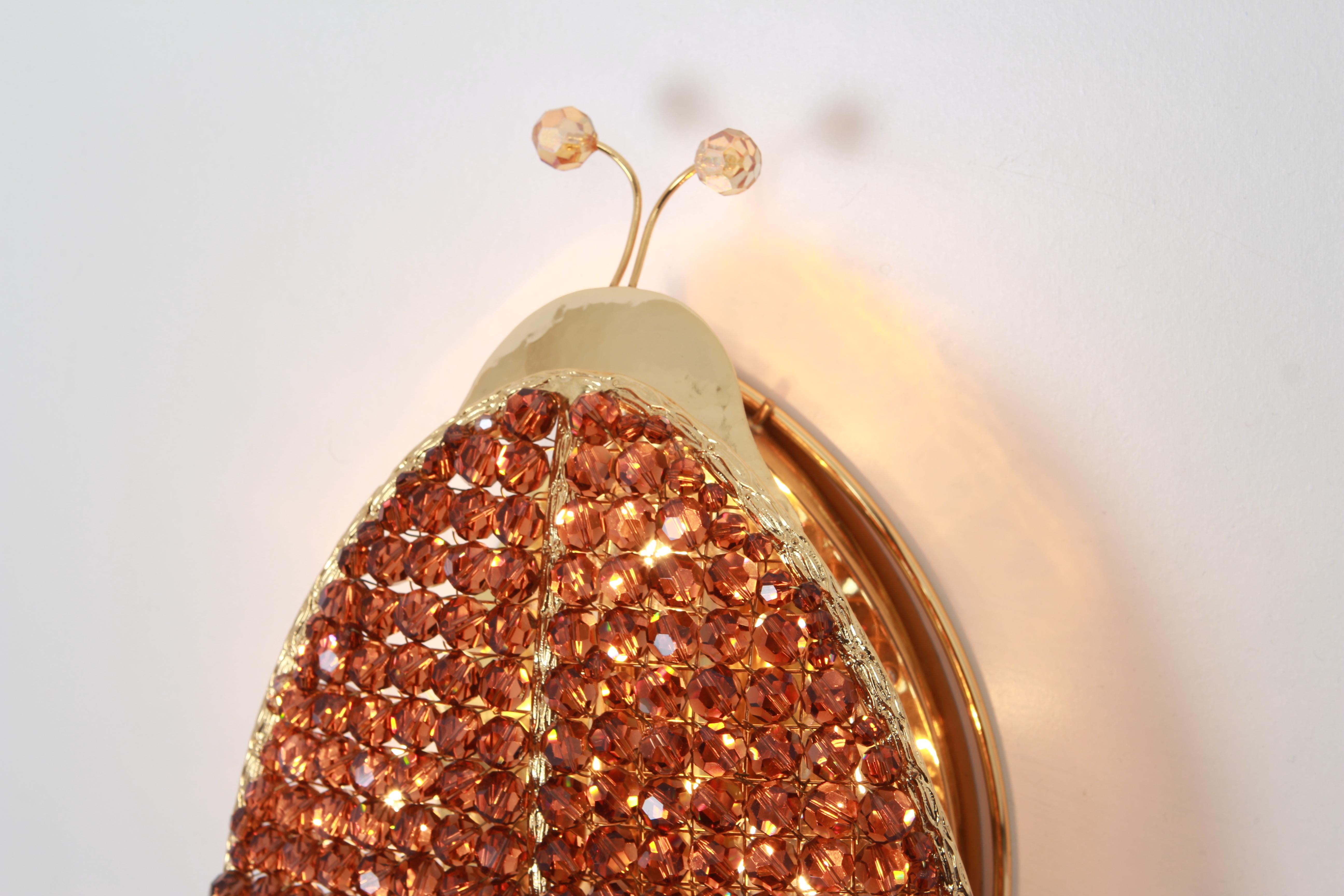 Brass Gorgeous Ladybug Sconce Faceted Crystal Glass , Palwa, 1970s For Sale