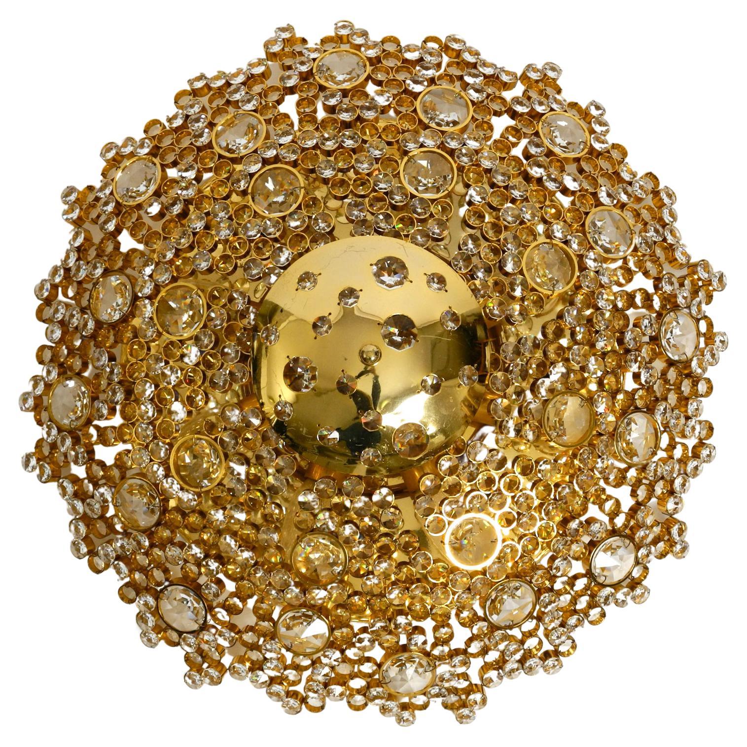 Gorgeous Large 70s Palwa Brass Ceiling or Wall Lamp with Faceted Crystal Stones For Sale