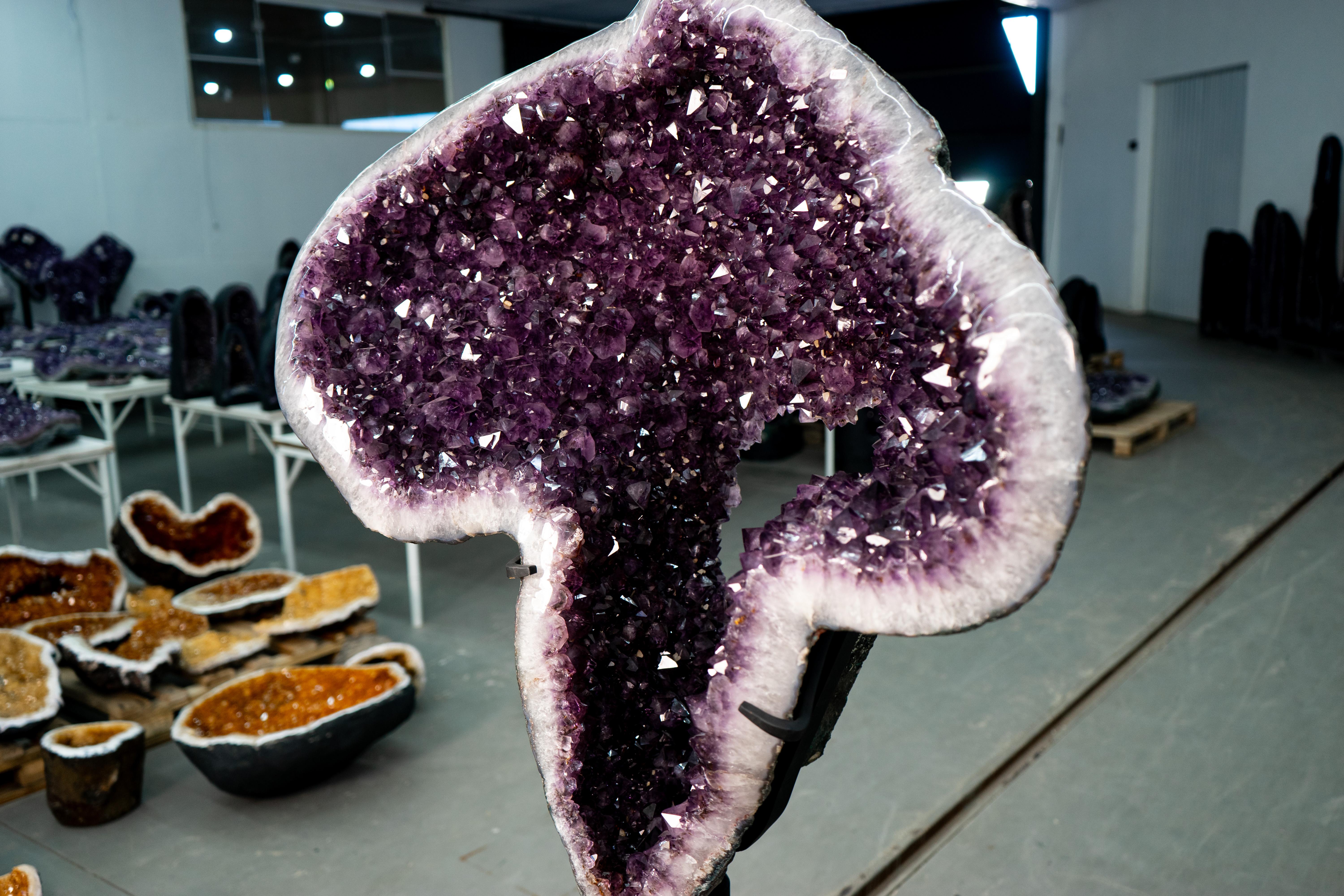 Contemporary Large Sculptural Amethyst Geode Portal on Custom-Made Stand, High-Quality For Sale