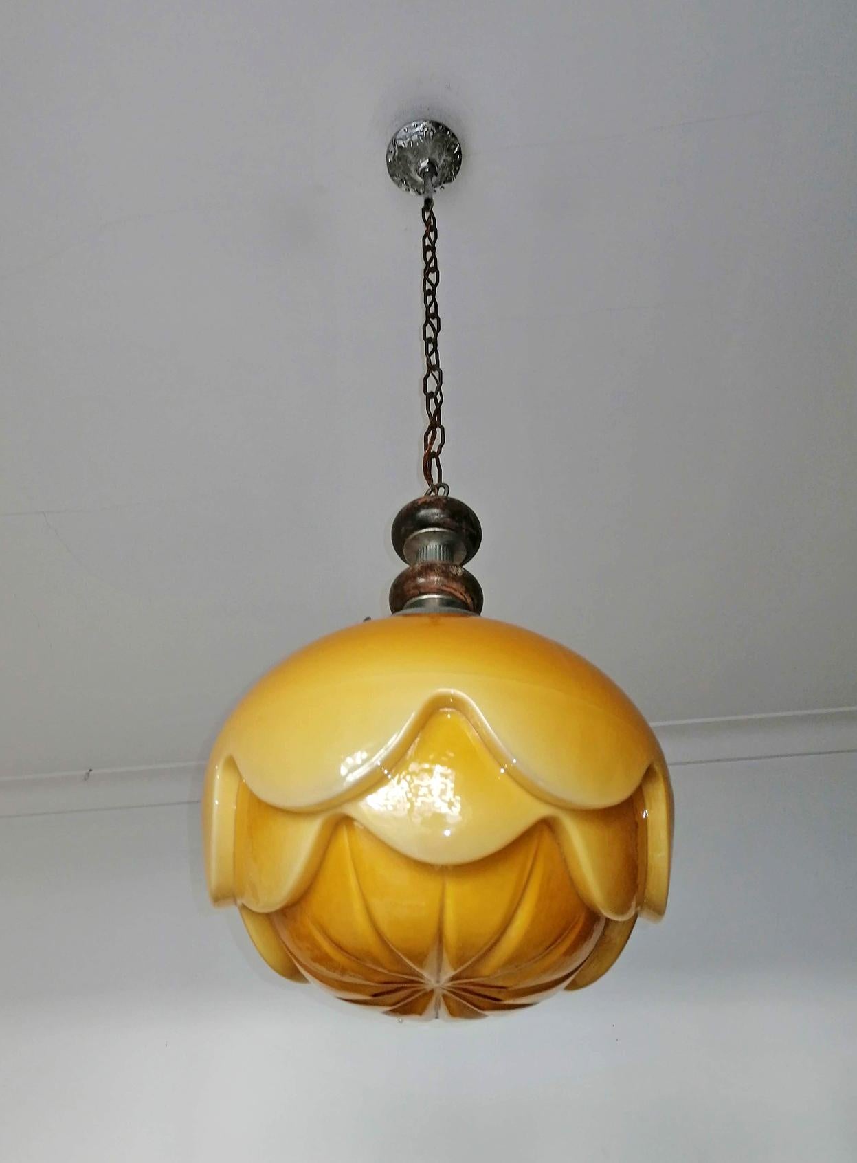 Gorgeous Large Bauhaus Art Deco Opaline Amber Glass Shade Pendant Chandelier 4