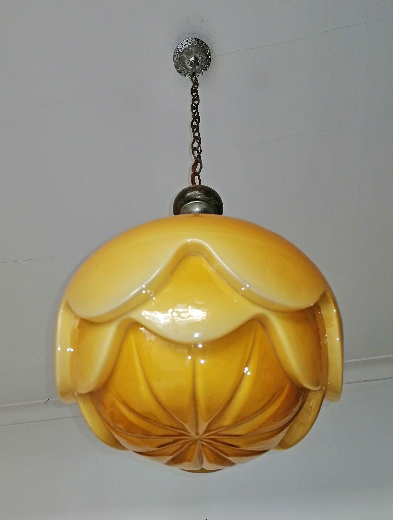 Gorgeous Large Bauhaus Art Deco Opaline Amber Glass Shade Pendant Chandelier 5