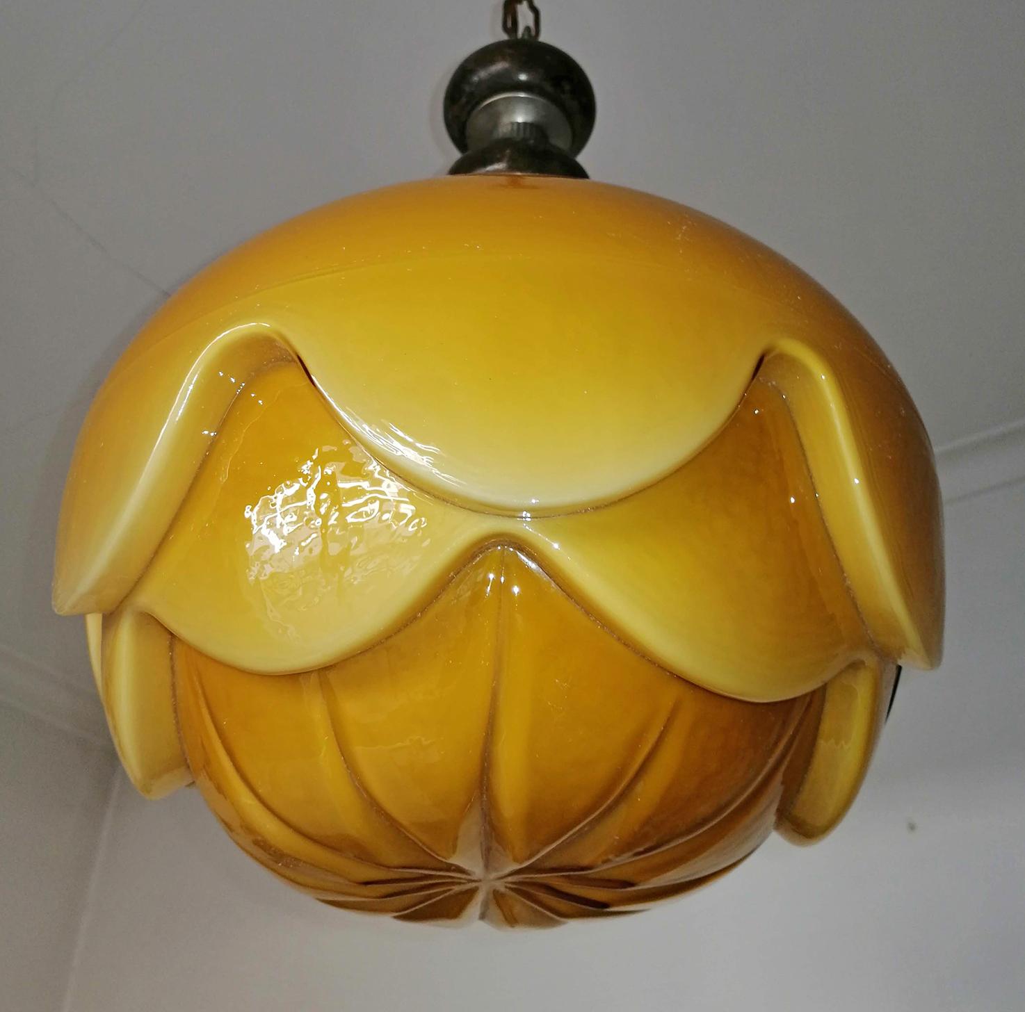 French Gorgeous Large Bauhaus Art Deco Opaline Amber Glass Shade Pendant Chandelier