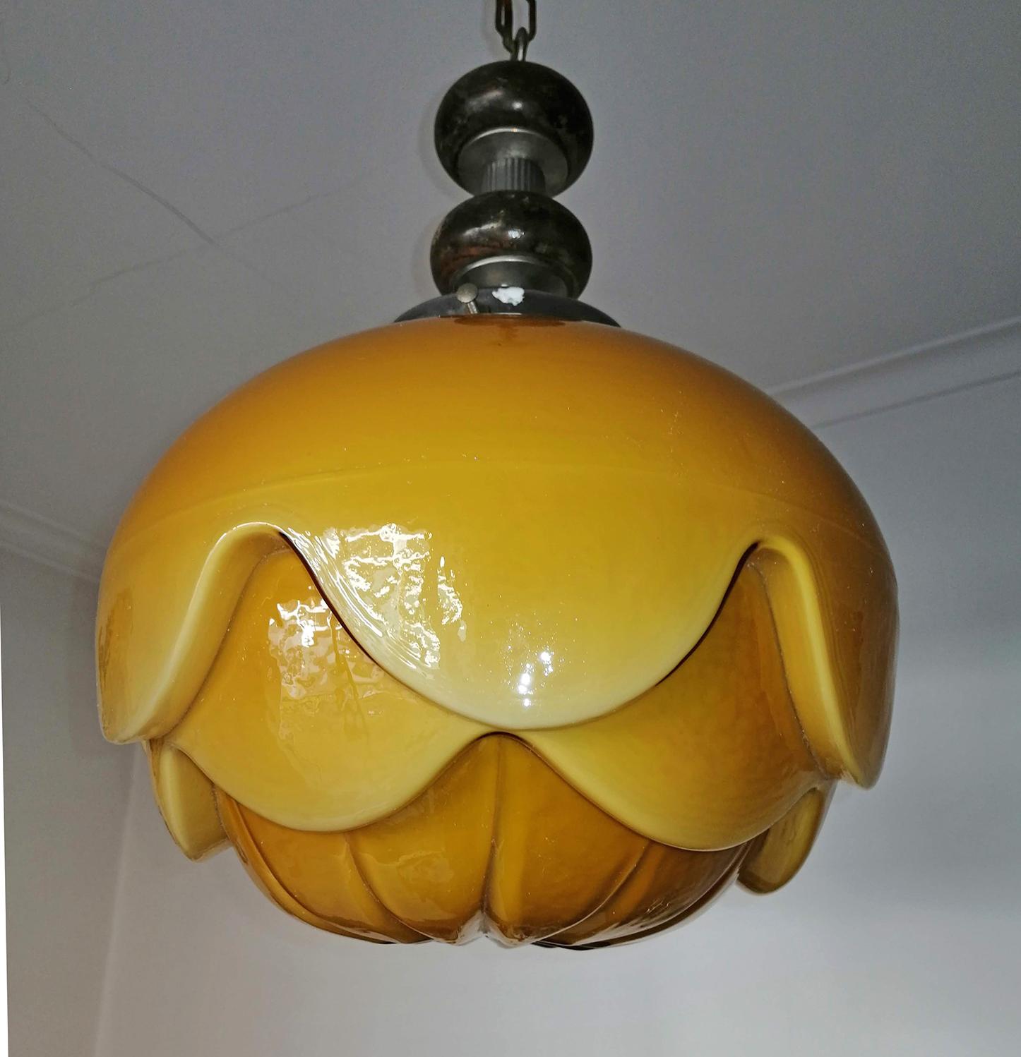 Hand-Crafted Gorgeous Large Bauhaus Art Deco Opaline Amber Glass Shade Pendant Chandelier