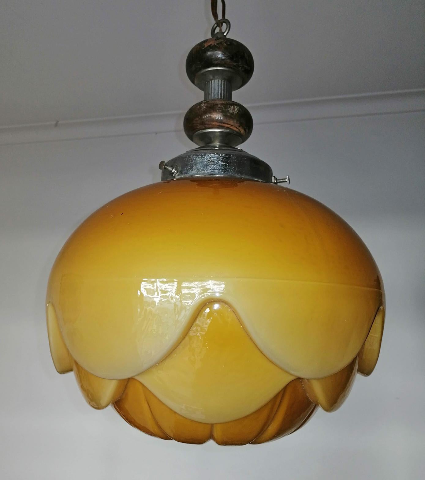 Opaline Glass Gorgeous Large Bauhaus Art Deco Opaline Amber Glass Shade Pendant Chandelier