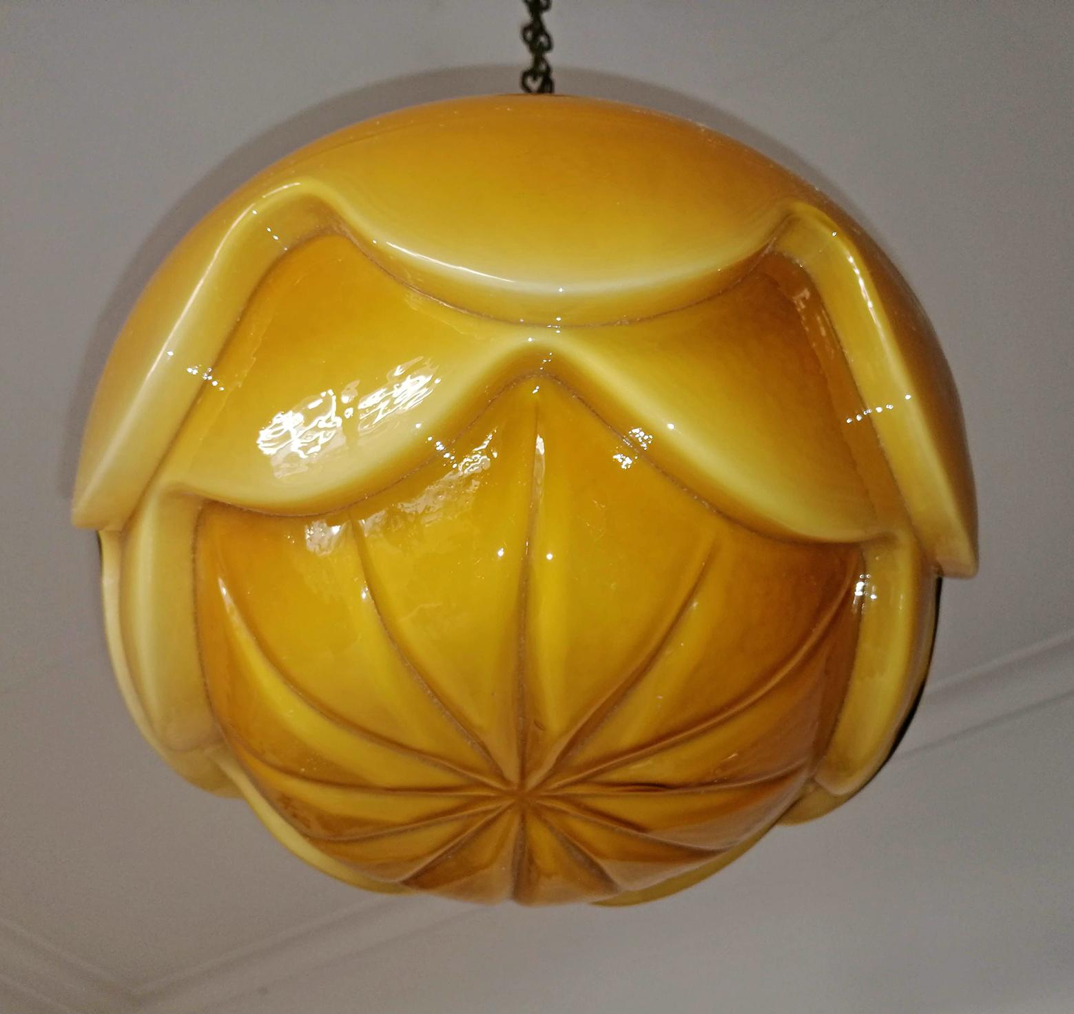 Gorgeous Large Bauhaus ArtDeco Opaline Amber Glass Shade Pendant Chandelier 1930 In Excellent Condition In Coimbra, PT