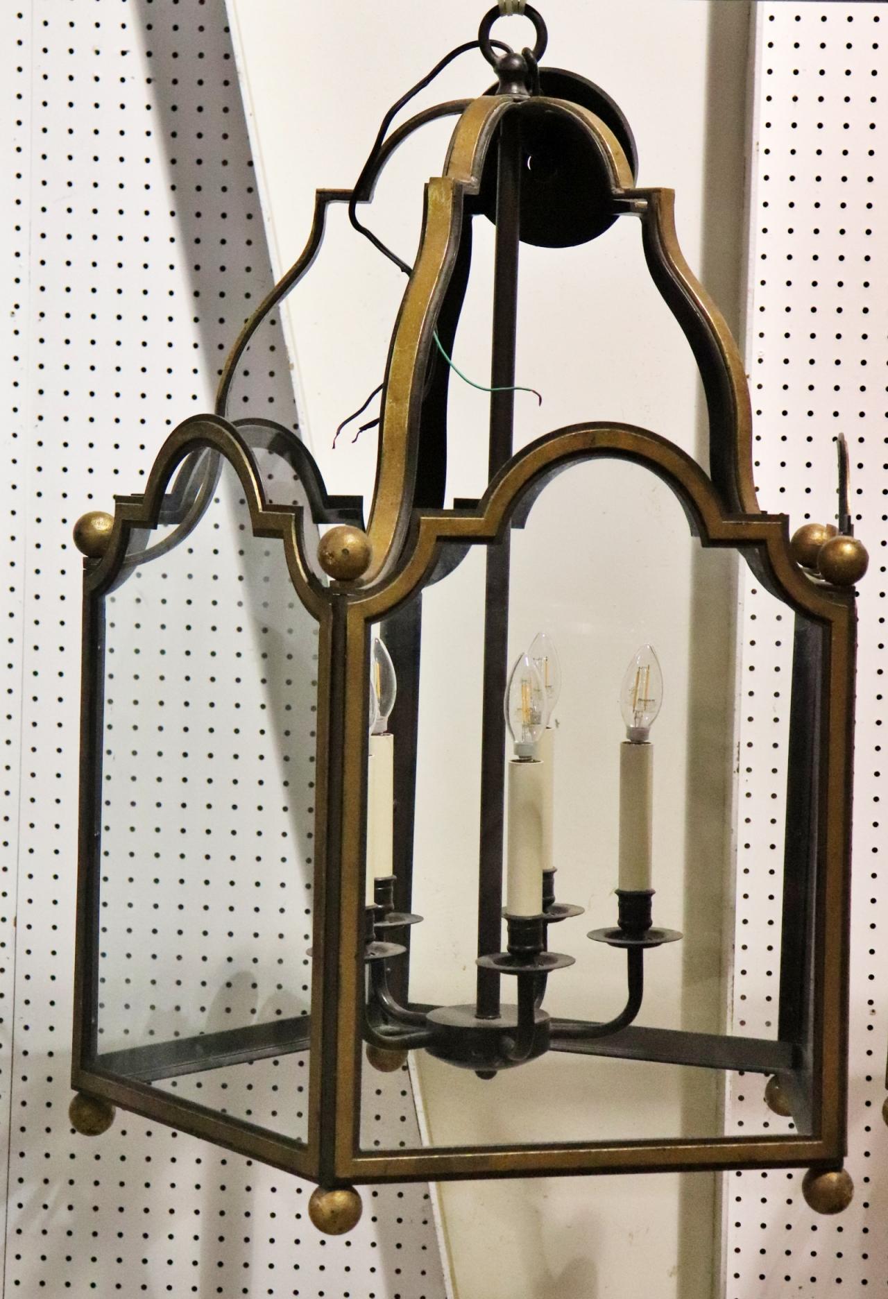 Glass Gorgeous Large Gilded Wrought Iron 5 Sided Glazed 5 Light Chandelier Lantern For Sale
