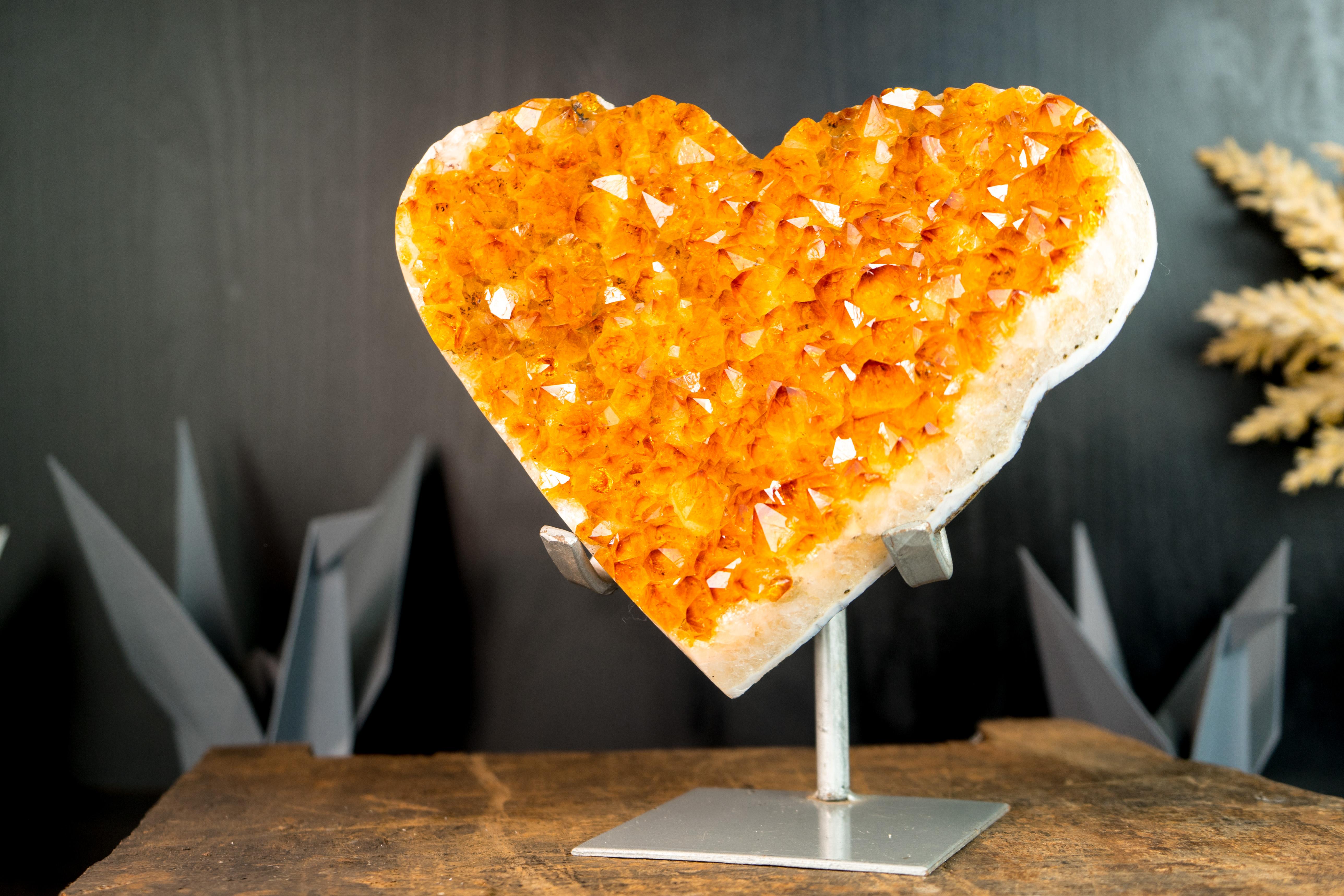 Gorgeous Large Golden Orange Heart with High-Grade Citrine Druzy, Hand carved For Sale 4