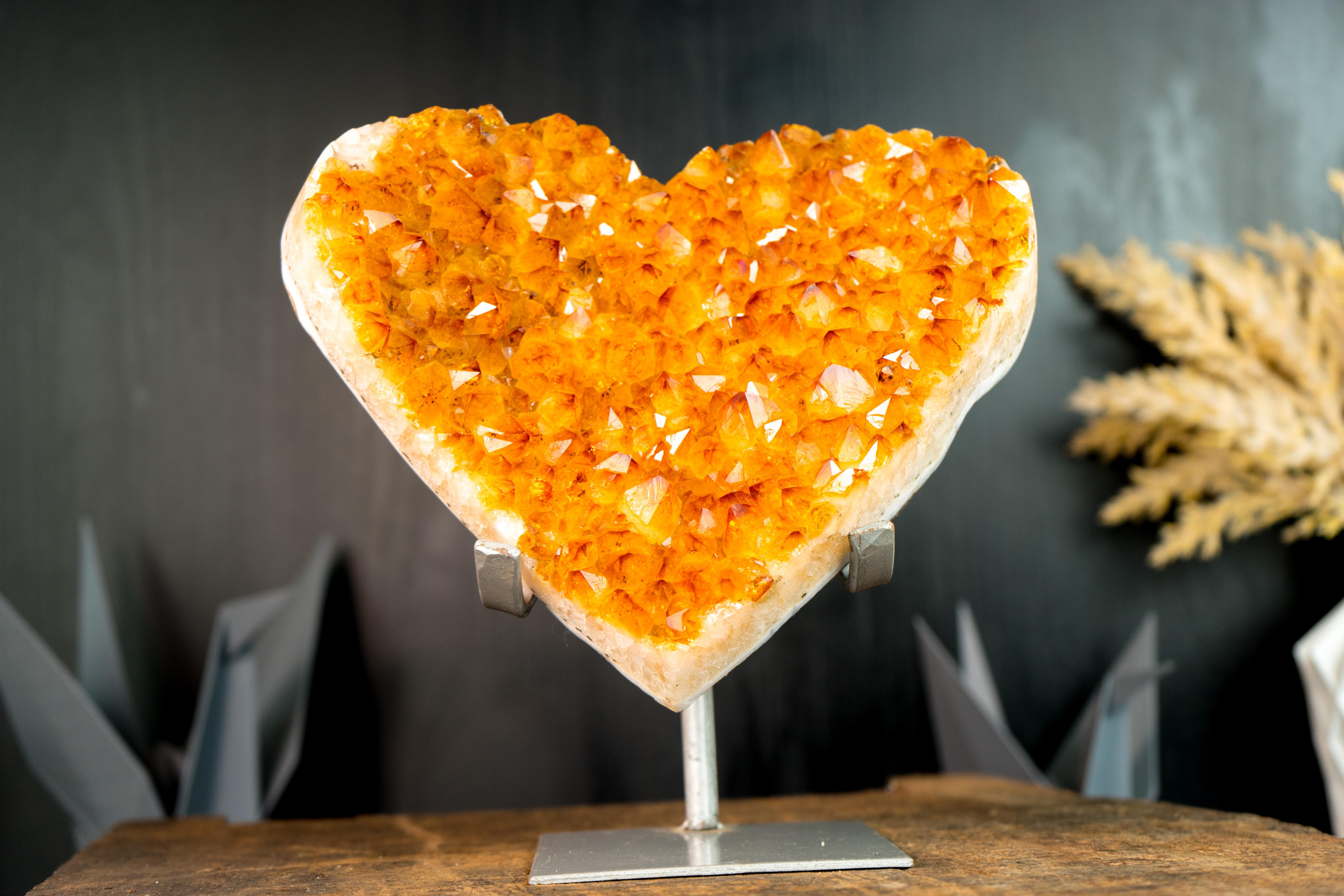 Brazilian Gorgeous Large Golden Orange Heart with High-Grade Citrine Druzy, Hand carved For Sale
