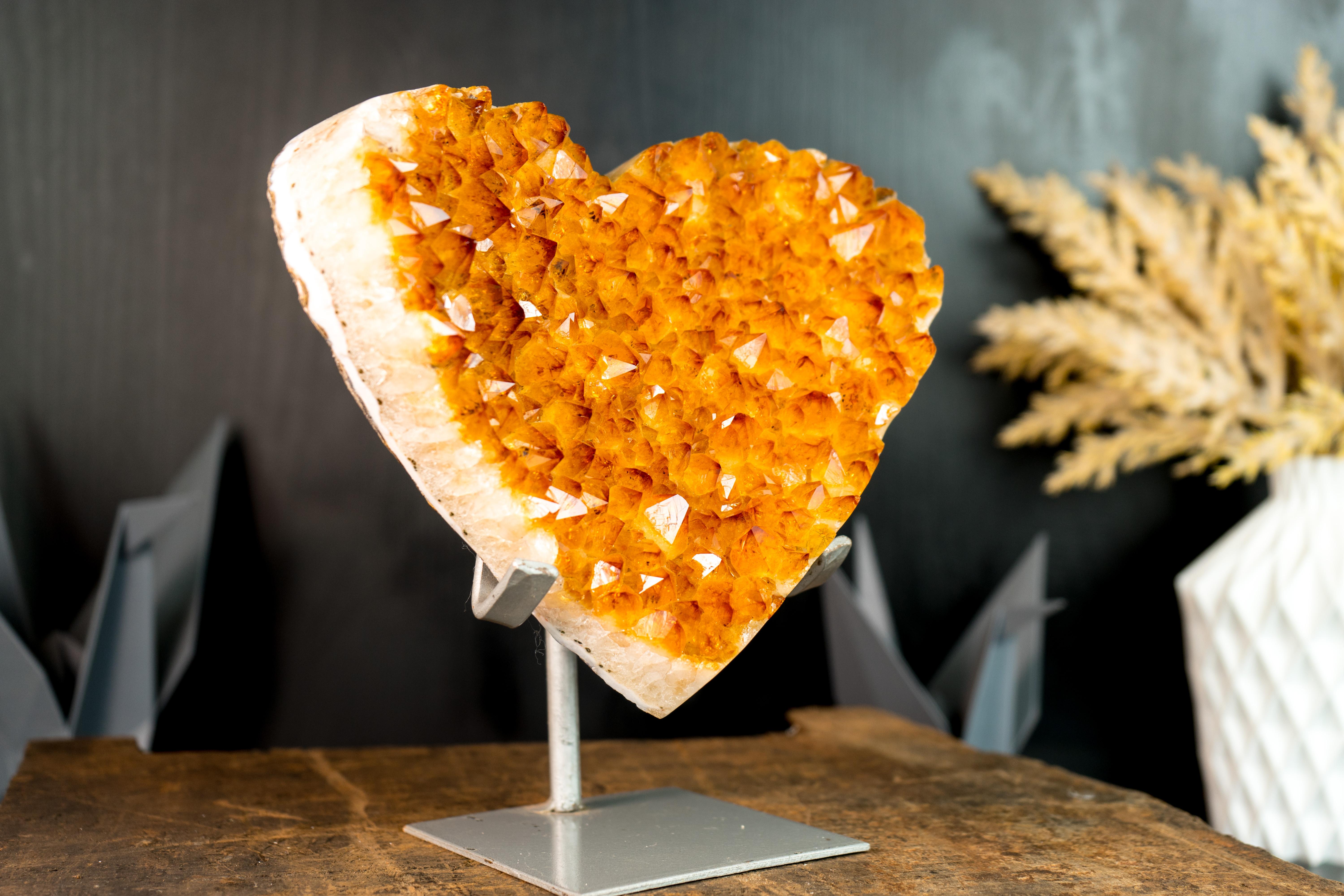 Contemporary Gorgeous Large Golden Orange Heart with High-Grade Citrine Druzy, Hand carved For Sale