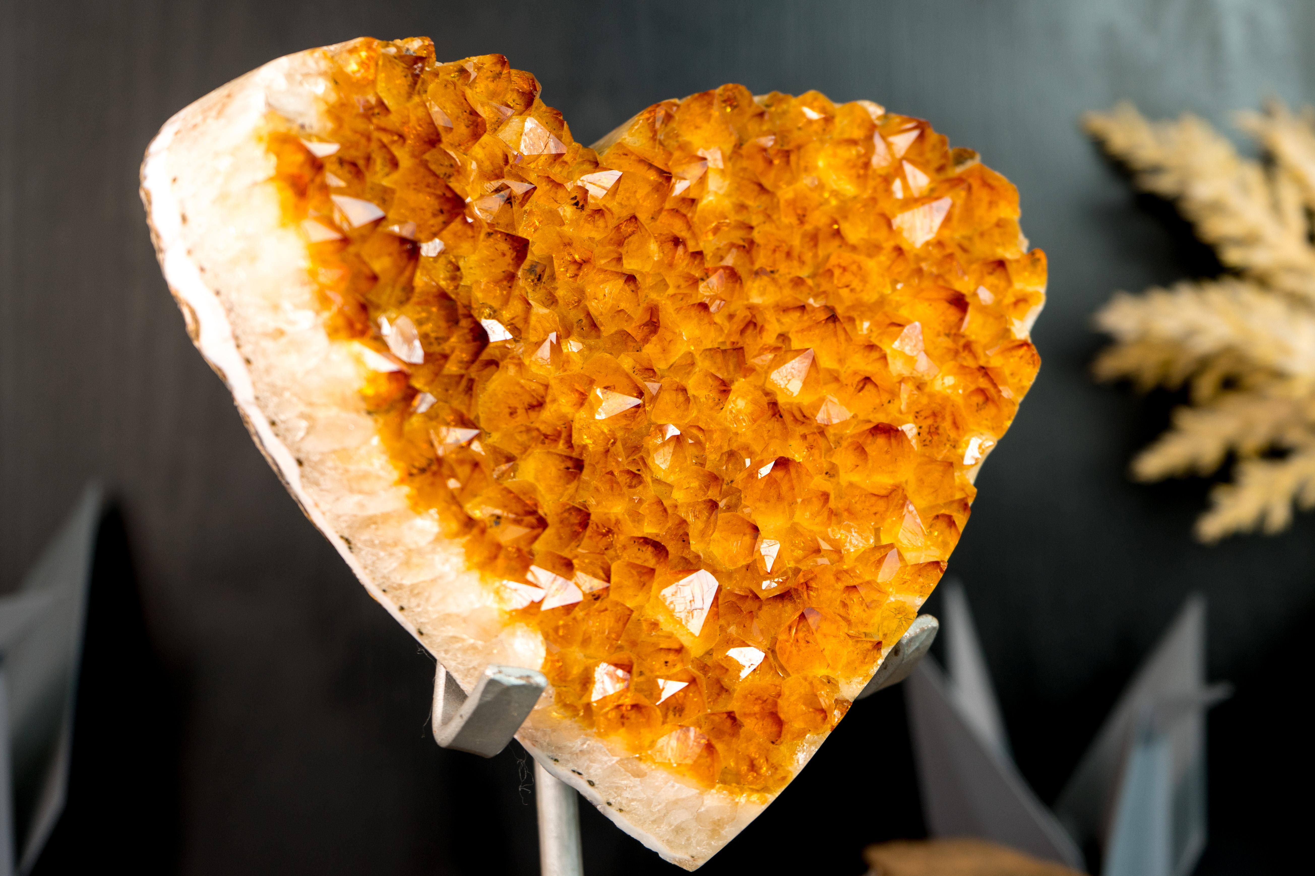 Agate Gorgeous Large Golden Orange Heart with High-Grade Citrine Druzy, Hand carved For Sale
