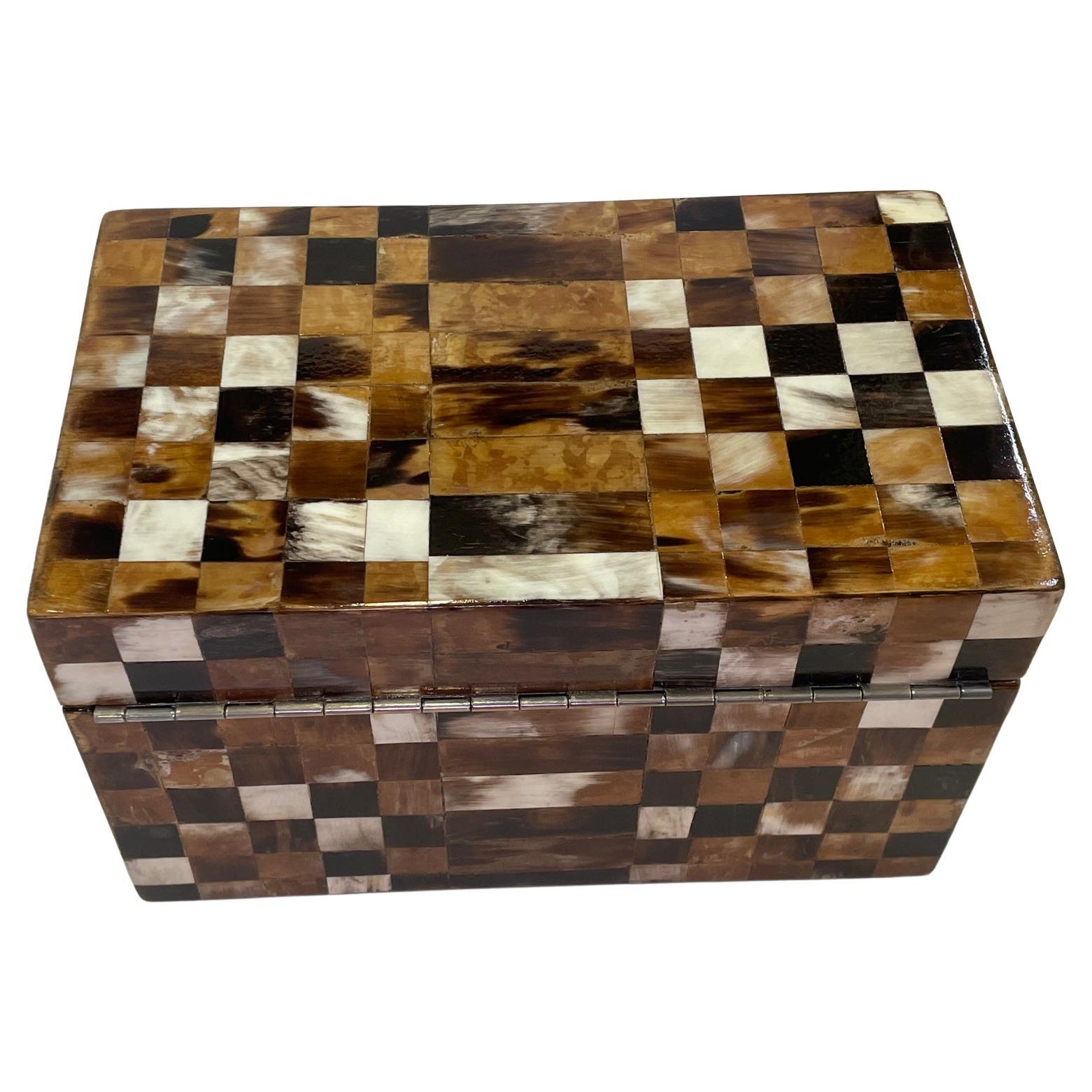 Gorgeous Large Italian Horn Veneer Box with Checkerboard Pattern