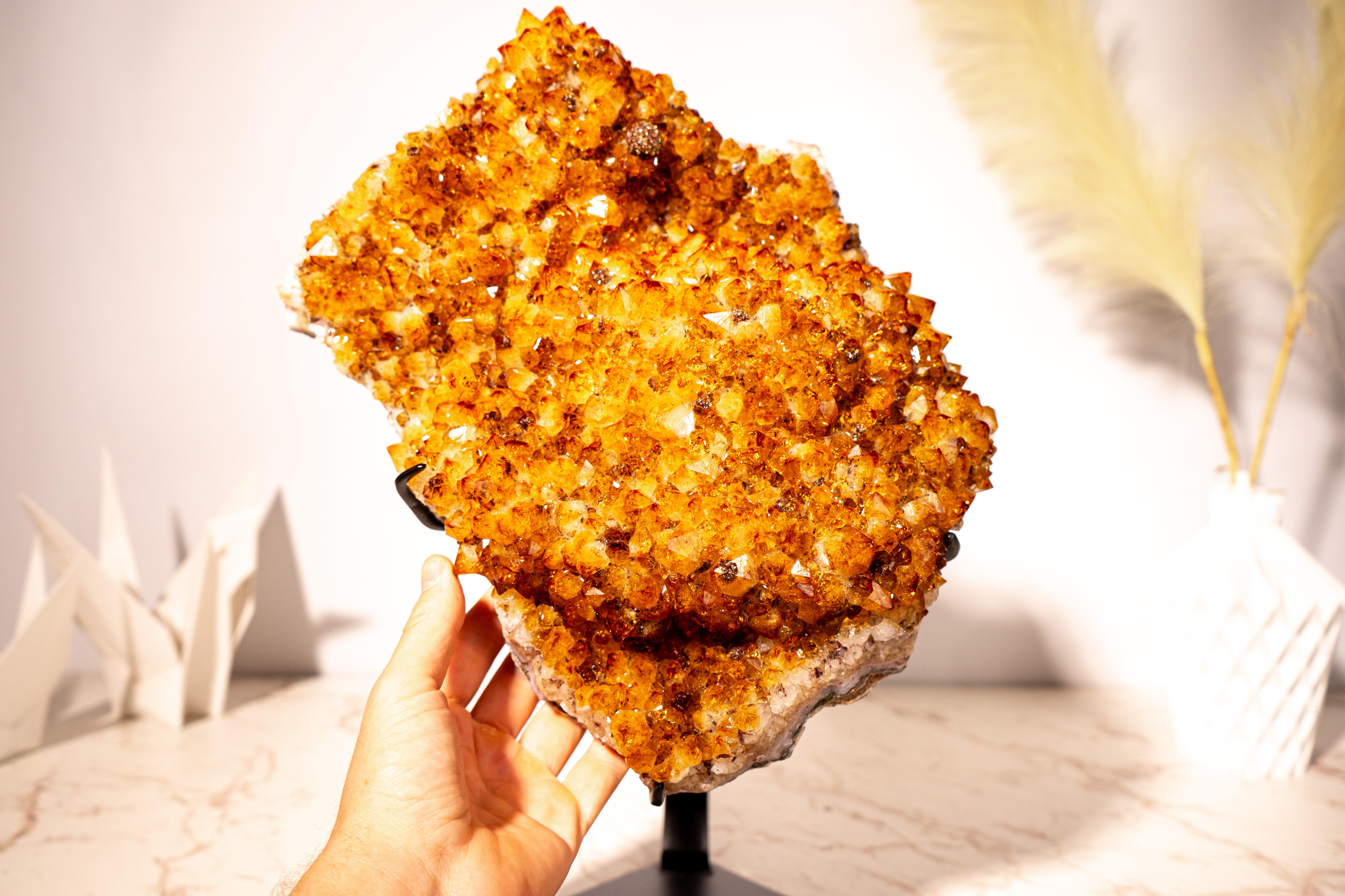Large Sculptural Madeira Citrine Cluster with Sparkly Druzy & Flower Rosettes For Sale 4