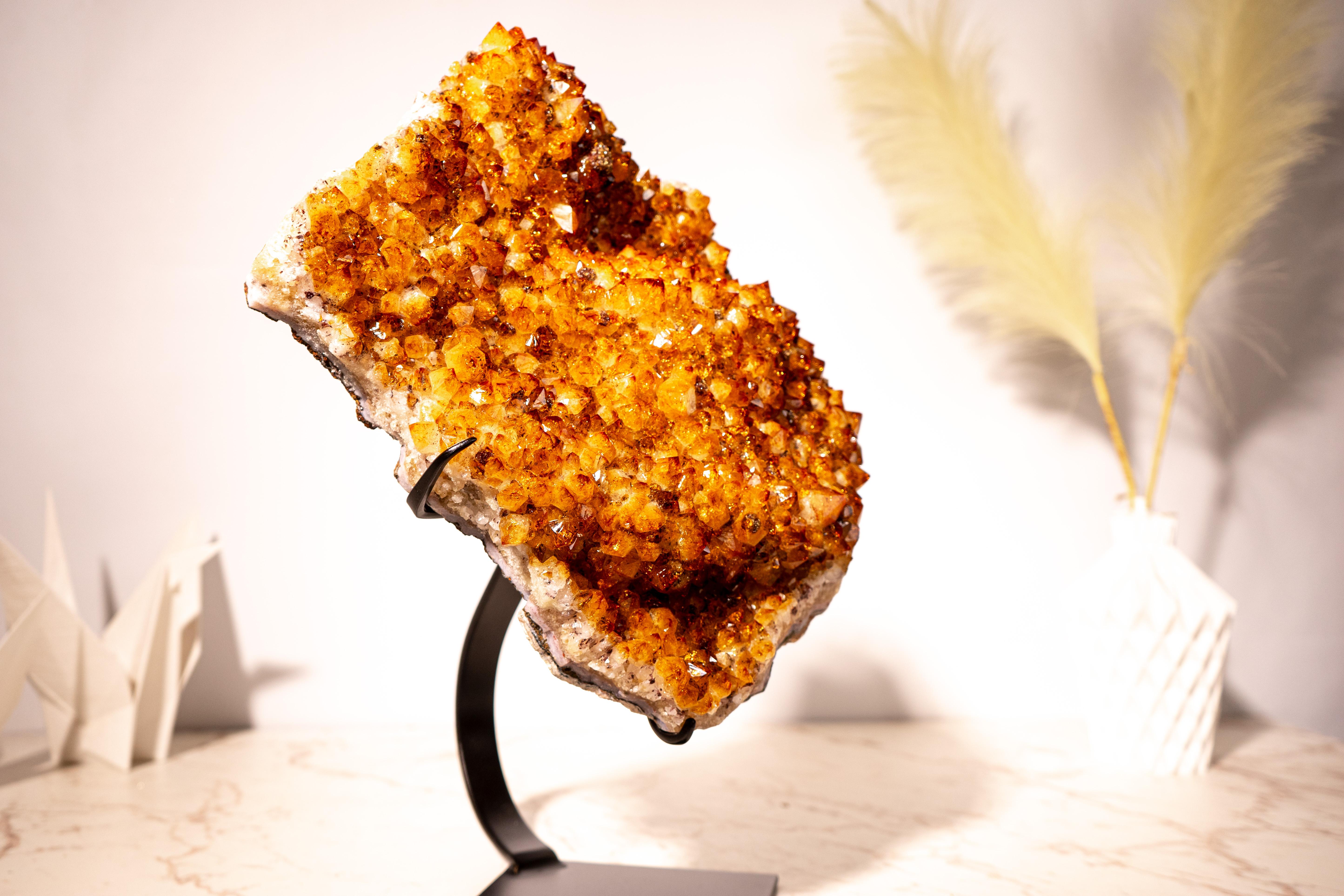 Brazilian Large Sculptural Madeira Citrine Cluster with Sparkly Druzy & Flower Rosettes For Sale