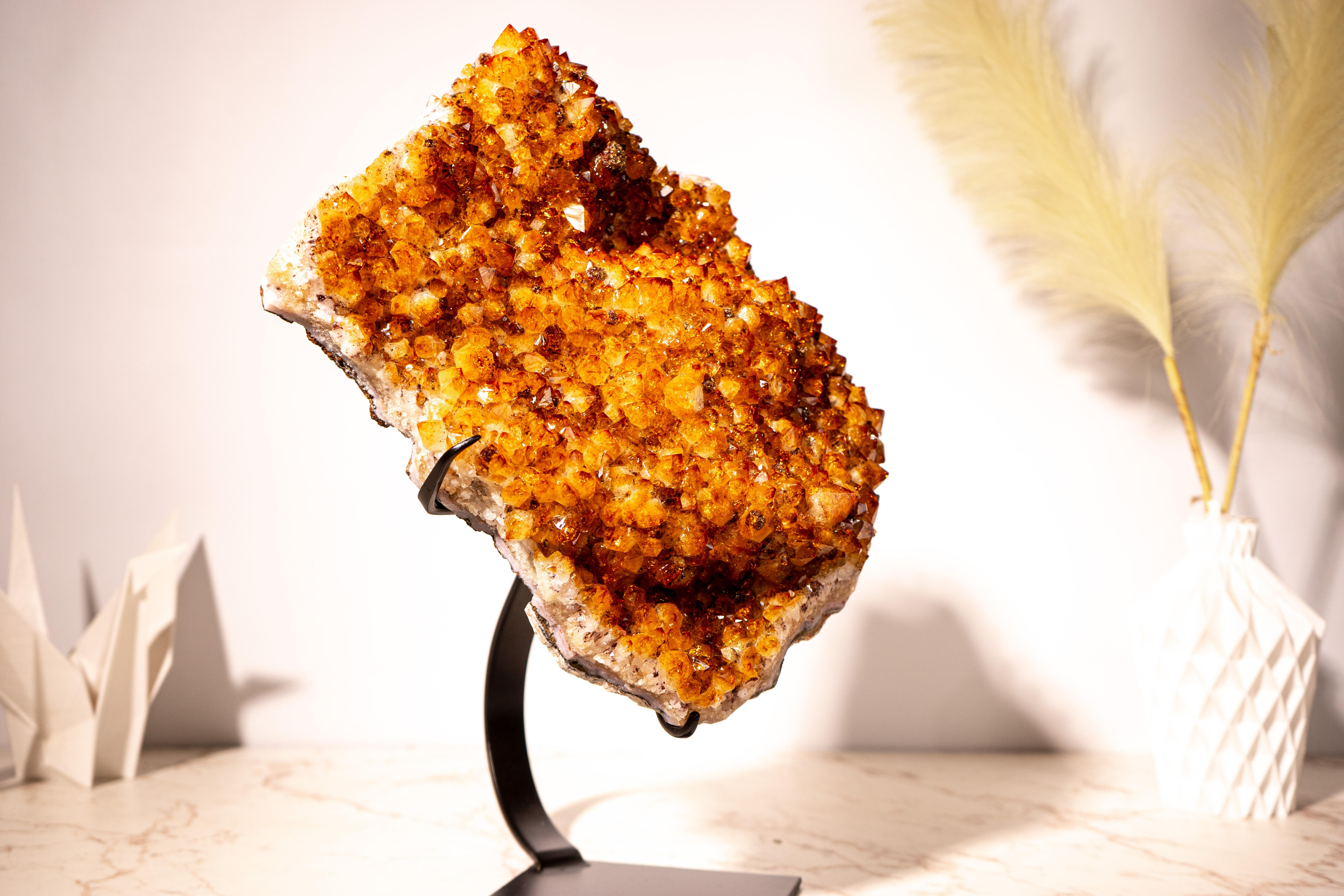 Crystal Large Sculptural Madeira Citrine Cluster with Sparkly Druzy & Flower Rosettes For Sale