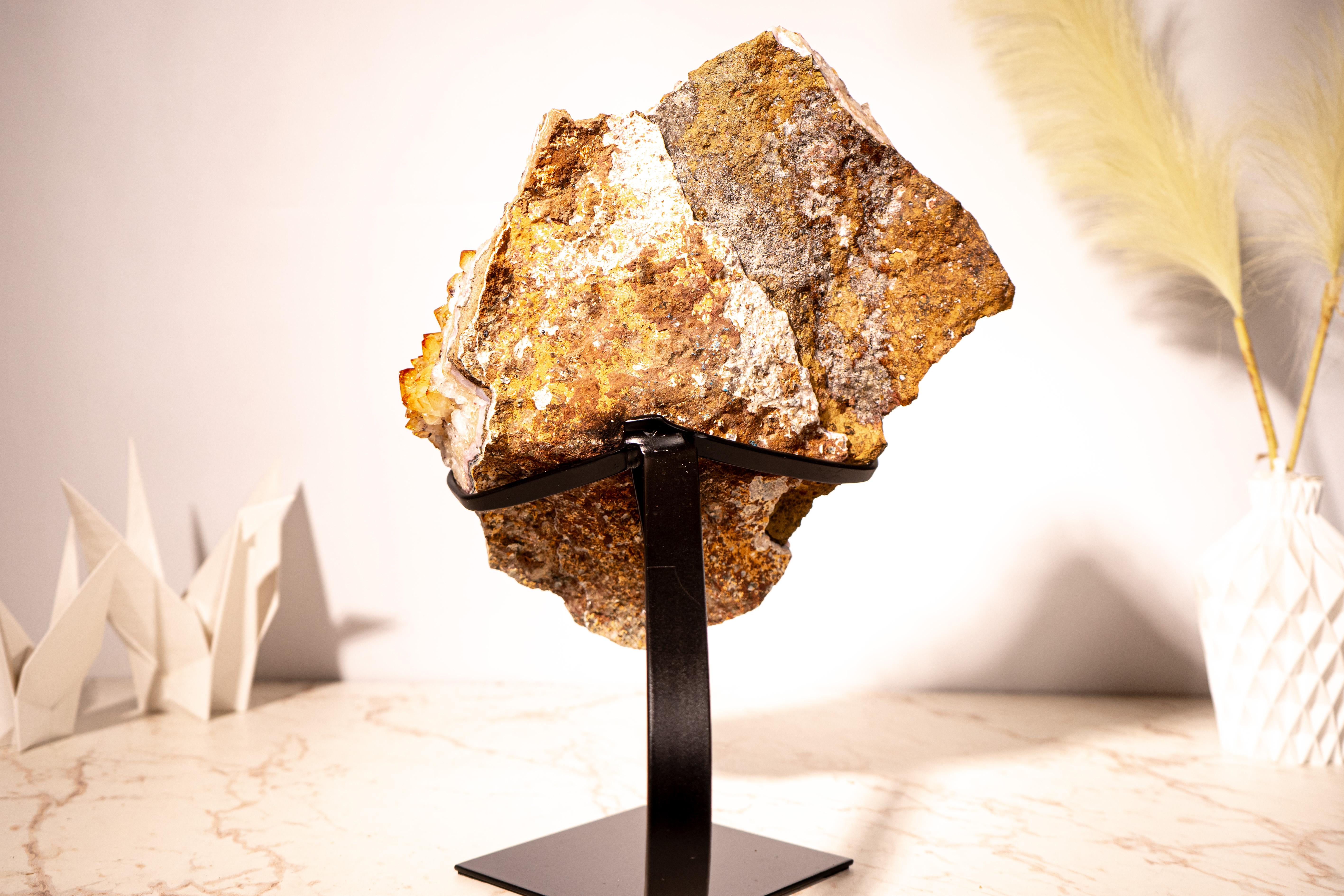 Large Sculptural Madeira Citrine Cluster with Sparkly Druzy & Flower Rosettes For Sale 3