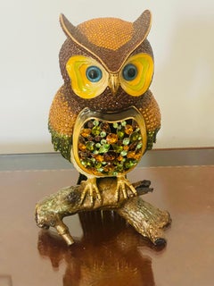 Gorgeous Large Polychrome Enamel Swarovski Crystals Owl Jewelry Box