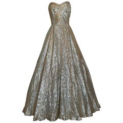 Gorgeous Late 1940s Strapless Sunburst Weave Silver Lame Gown w Full Skirt