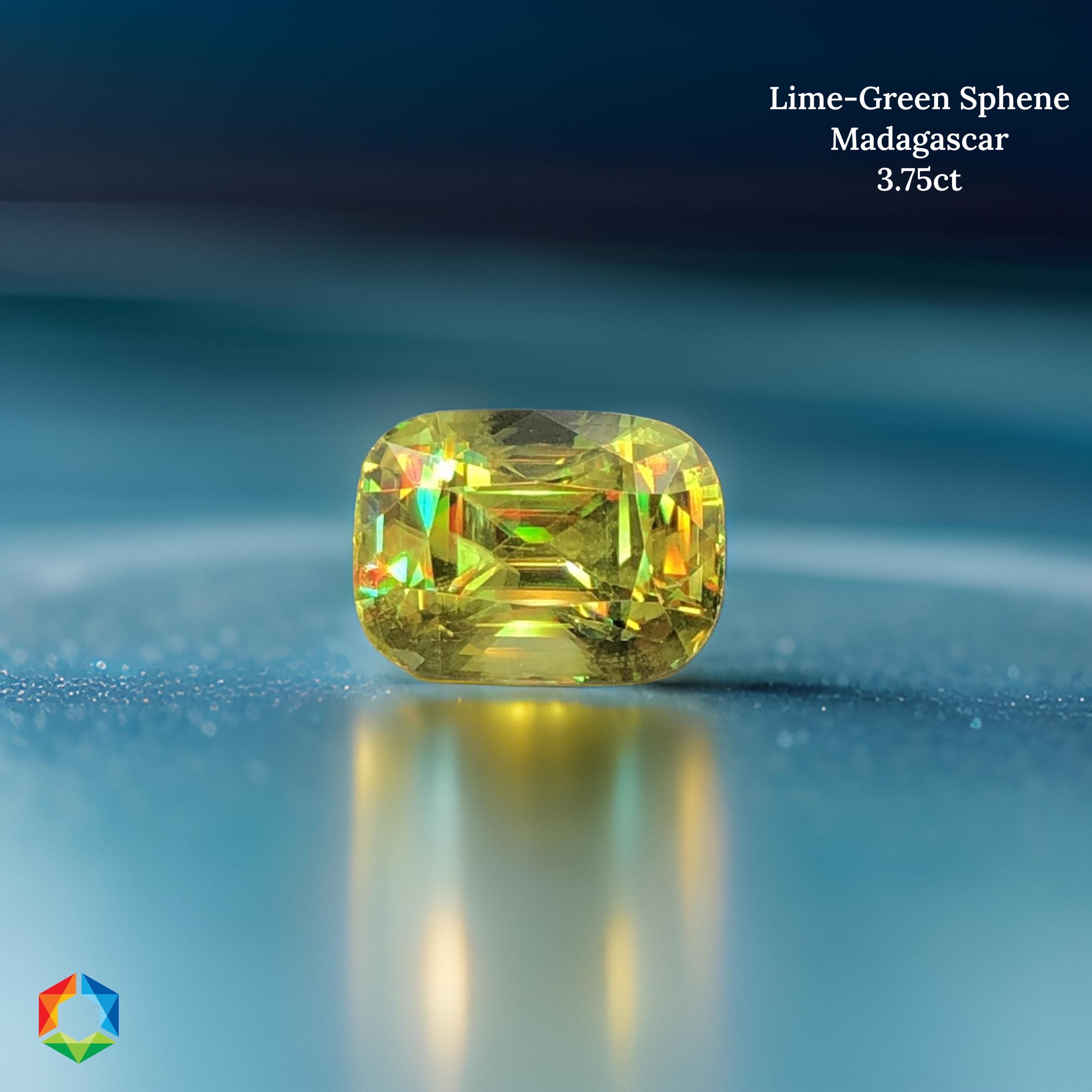 Discover the enchanting allure of this 3.75 ct lime green sphene from Madagascar! With VS clarity, this gemstone dazzles with its vibrant lime green hue and breathtaking fire. Green sphene is highly sought after, making this gem a truly exceptional