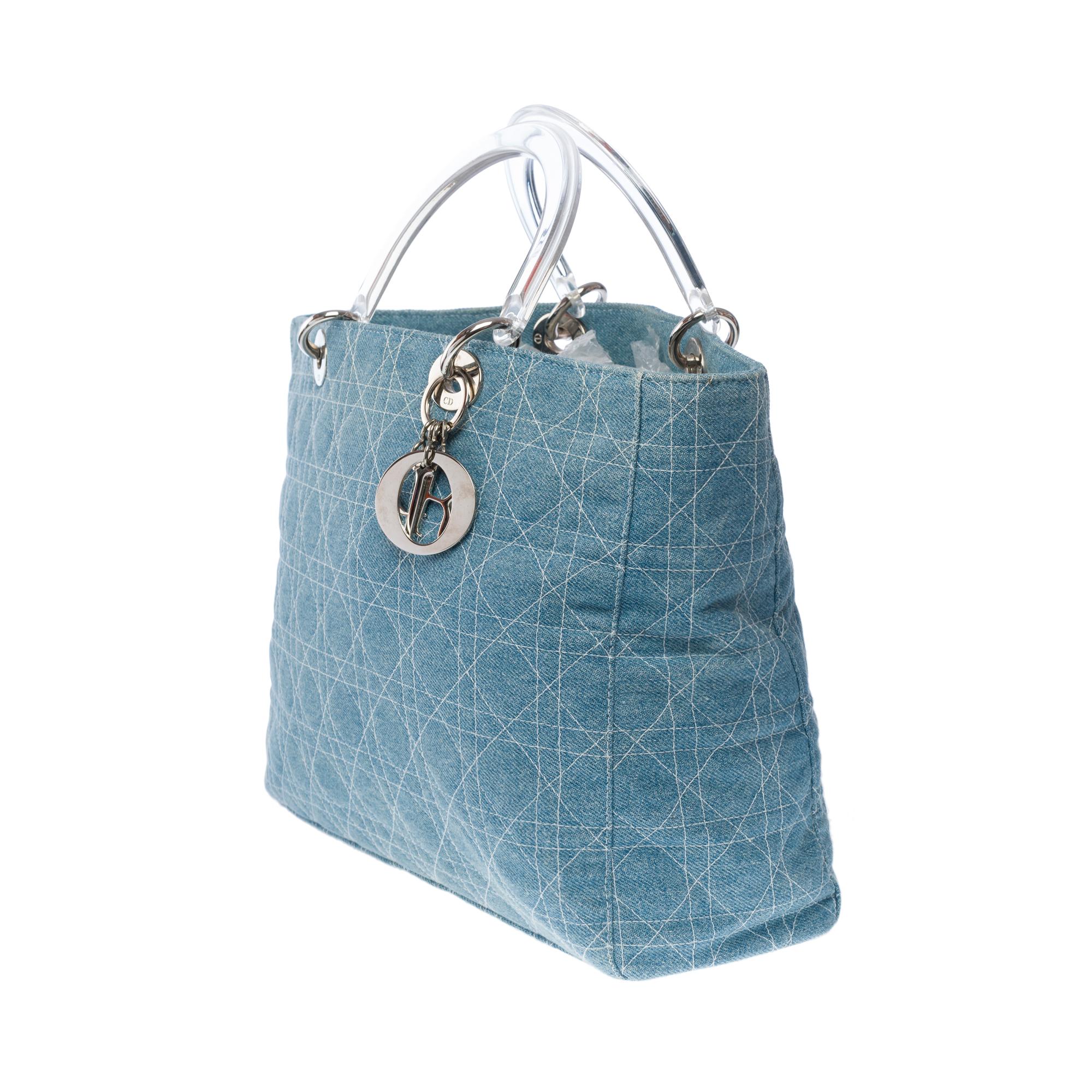 Gorgeous Limited Edition Lady Dior GM handbag strap in blue denim , SHW In Excellent Condition In Paris, IDF