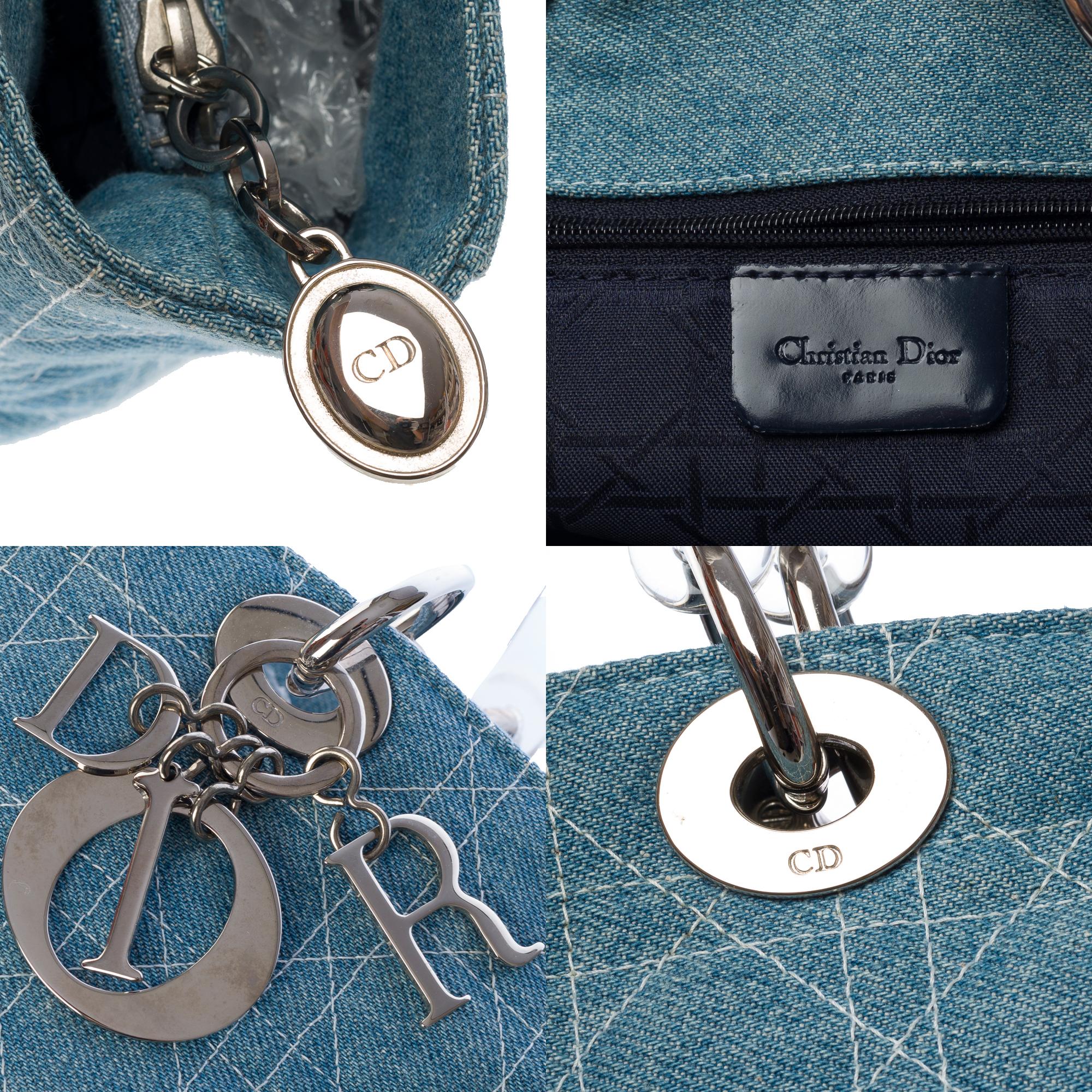 Gorgeous Limited Edition Lady Dior GM handbag strap in blue denim , SHW 1