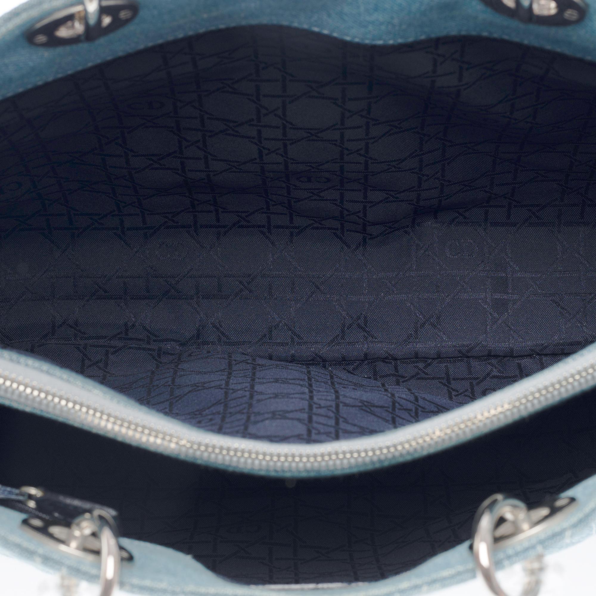 Gorgeous Limited Edition Lady Dior GM handbag strap in blue denim , SHW 3