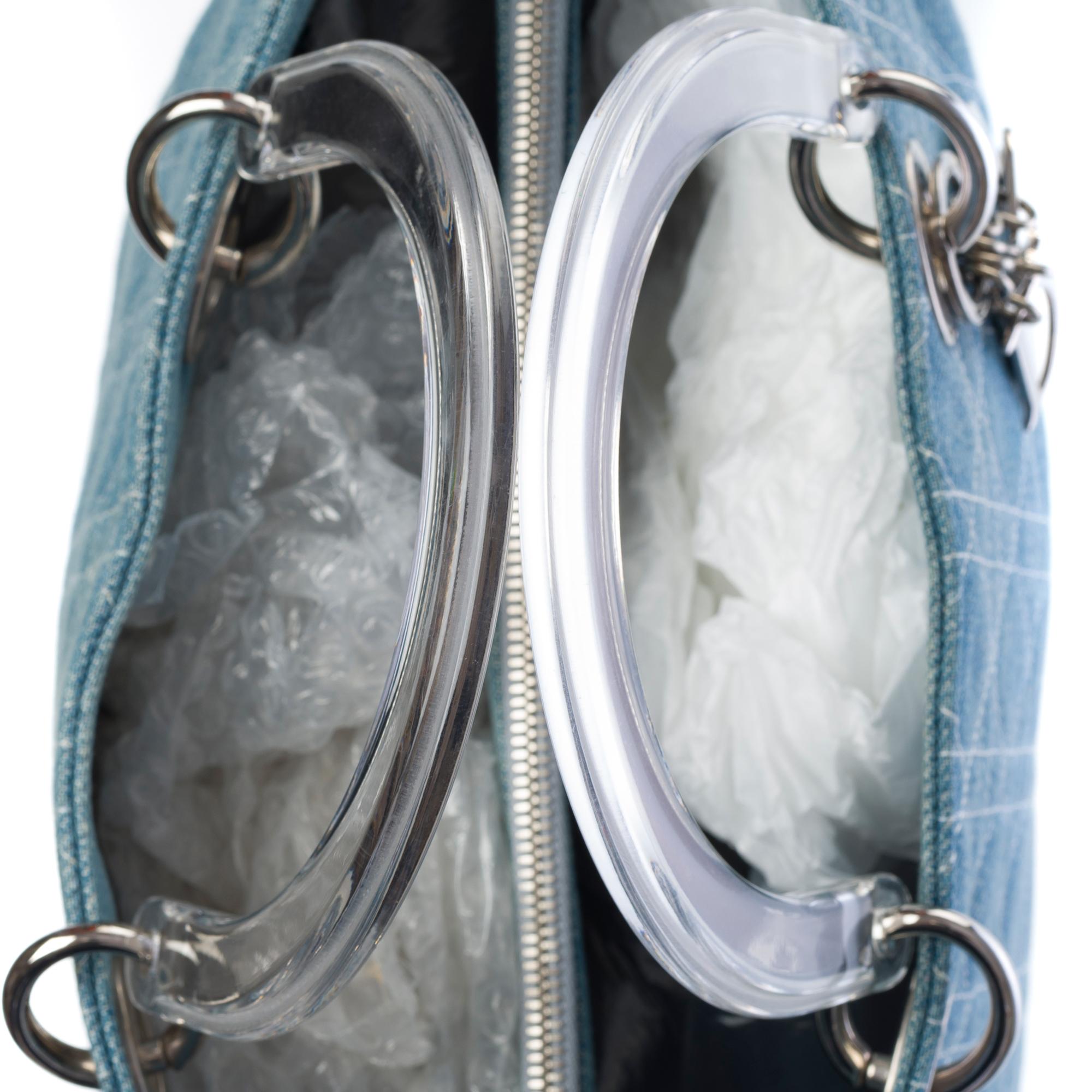 Gorgeous Limited Edition Lady Dior GM handbag strap in blue denim , SHW 4