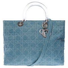 Gorgeous Limited Edition Lady Dior GM handbag strap in blue denim , SHW