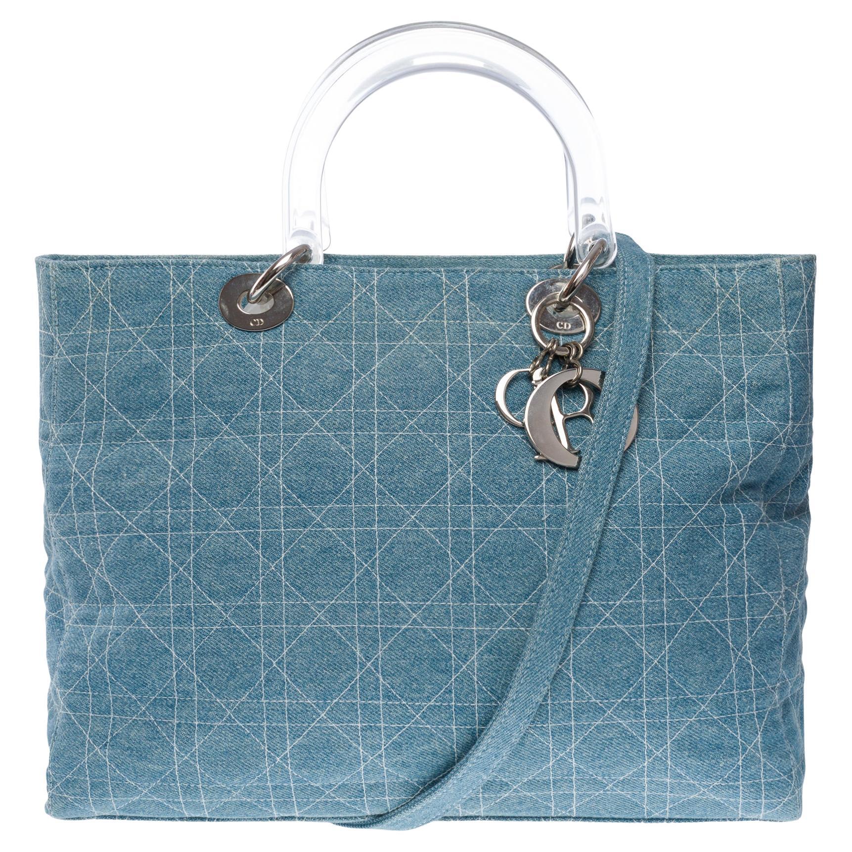 Gorgeous Limited Edition Lady Dior GM handbag strap in blue denim , SHW
