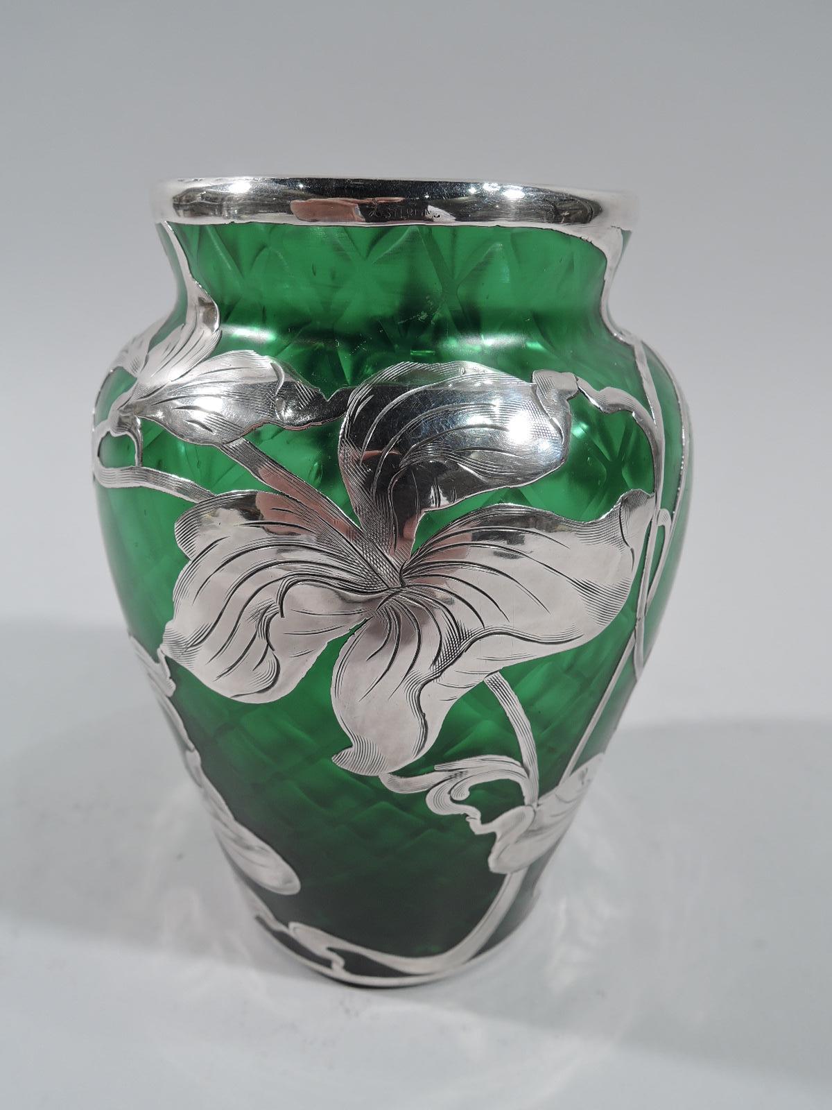 Czech Gorgeous Loetz Art Nouveau Green Silver Overlay Vase