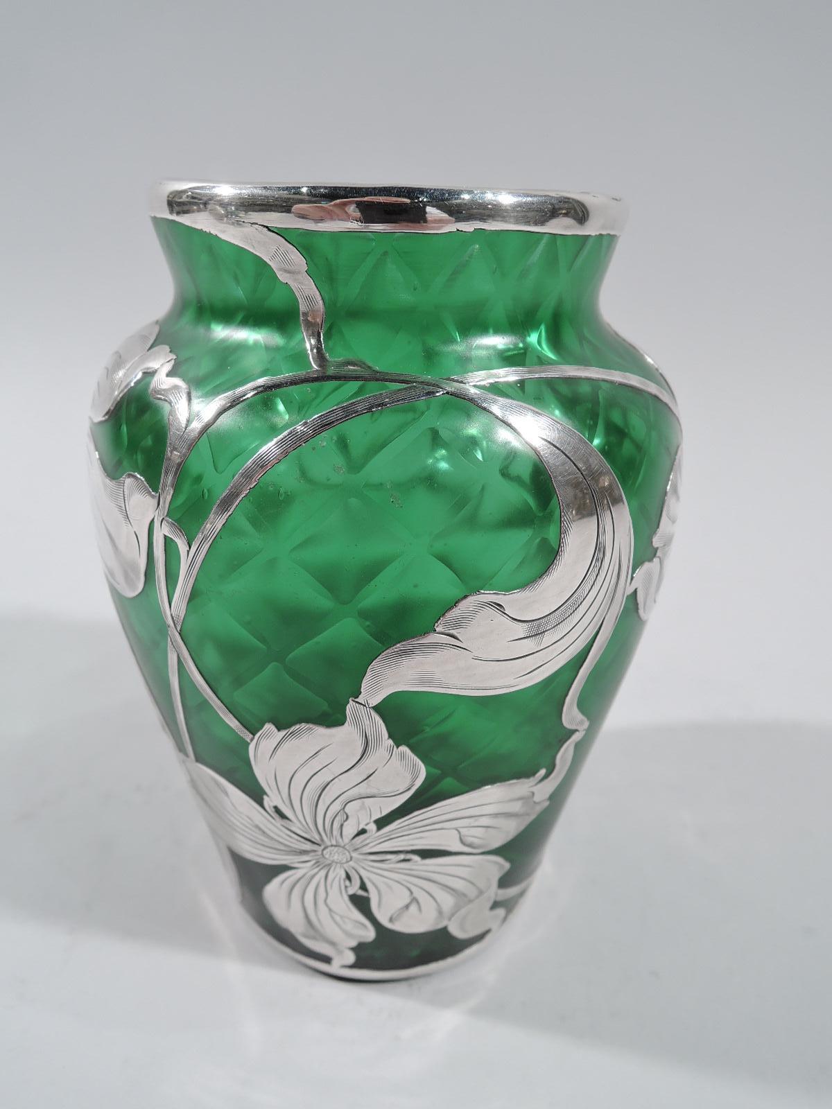 Gorgeous Loetz Art Nouveau Green Silver Overlay Vase In Excellent Condition In New York, NY