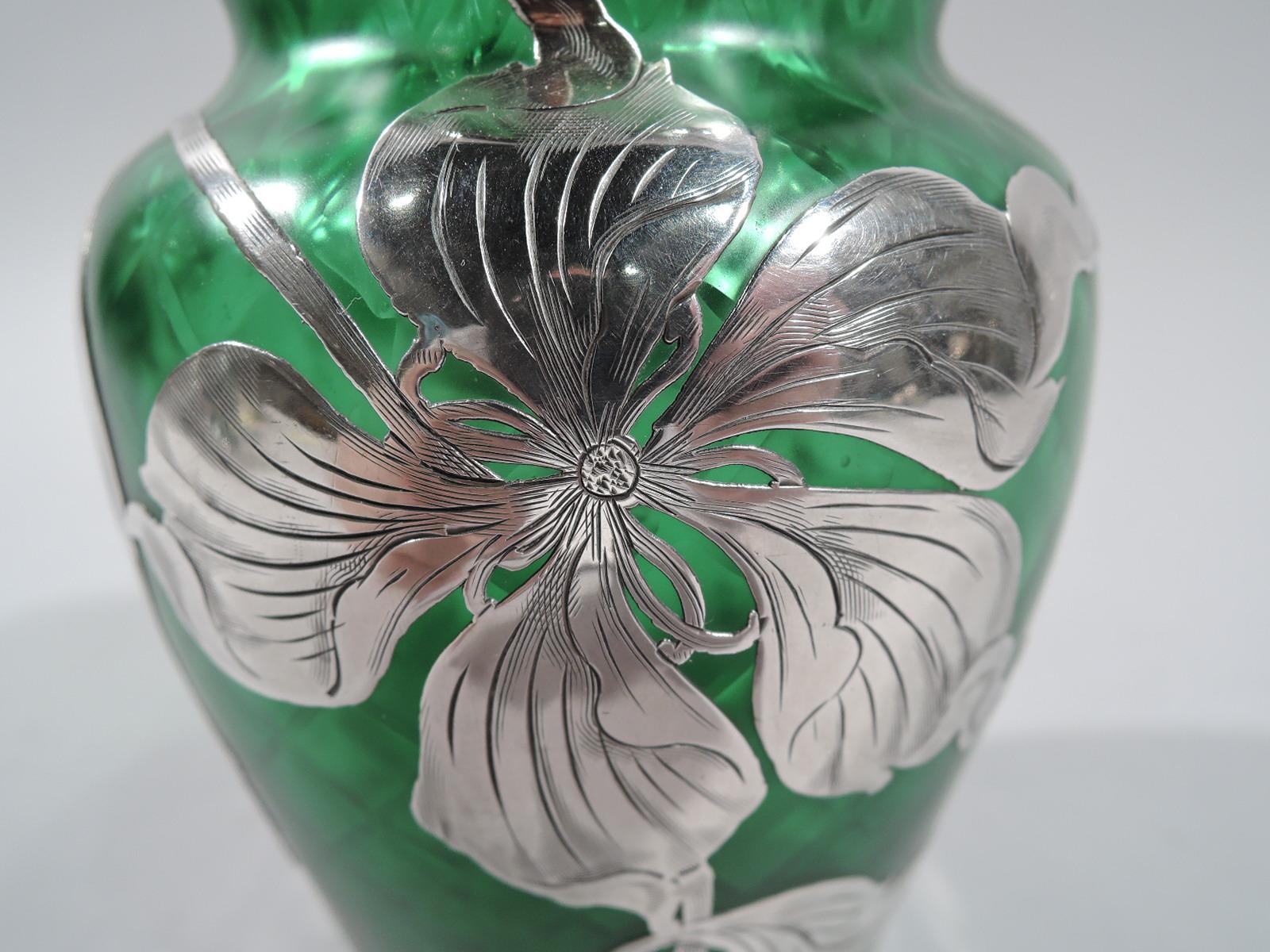 20th Century Gorgeous Loetz Art Nouveau Green Silver Overlay Vase