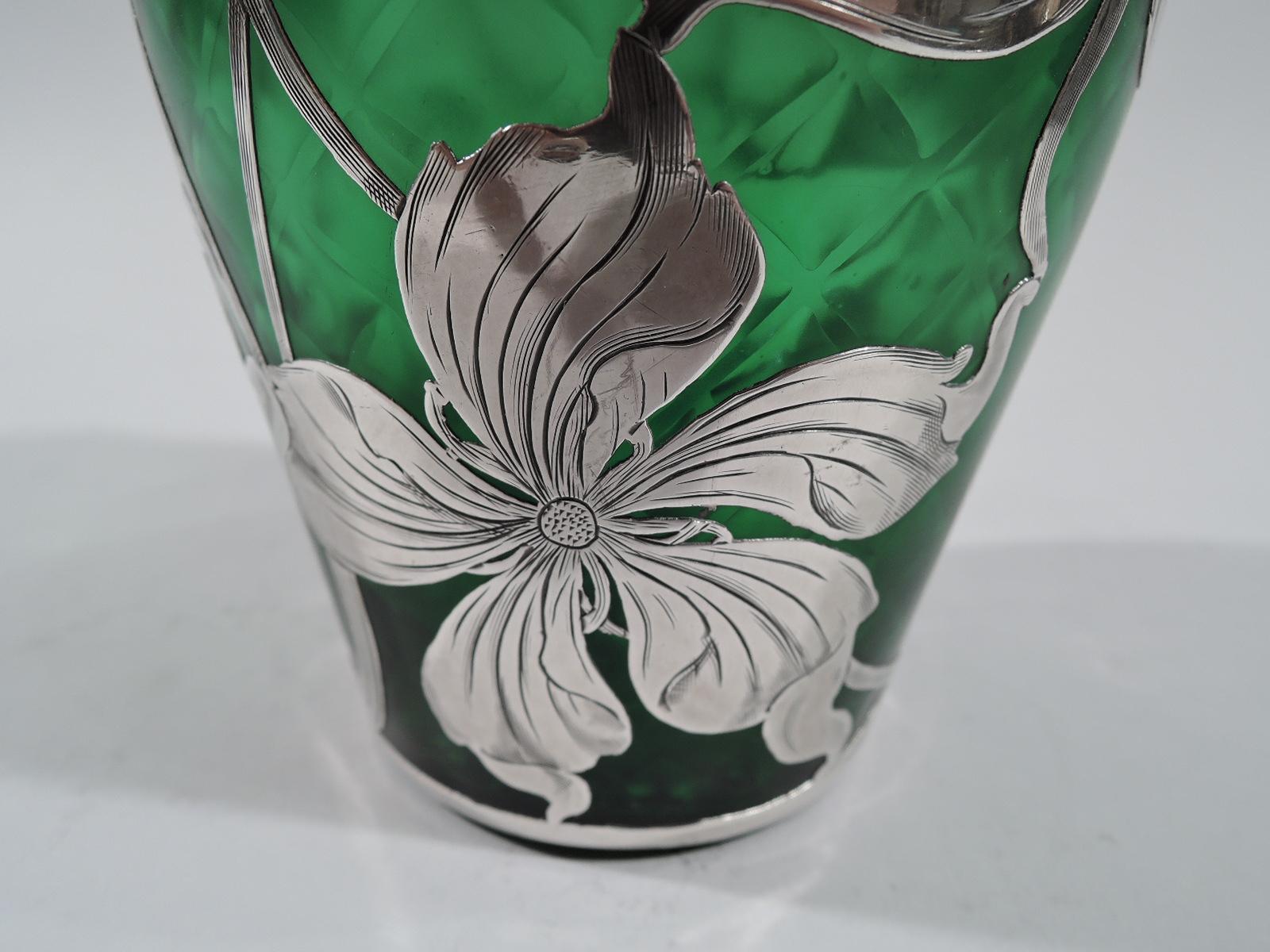Gorgeous Loetz Art Nouveau Green Silver Overlay Vase 1