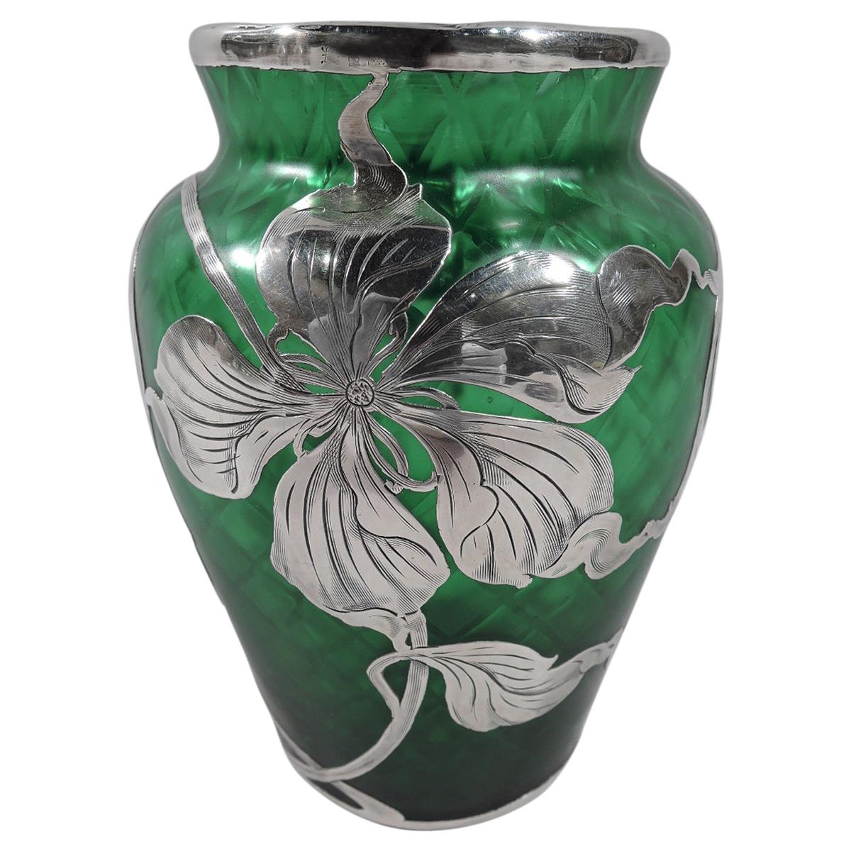 Gorgeous Loetz Art Nouveau Green Silver Overlay Vase