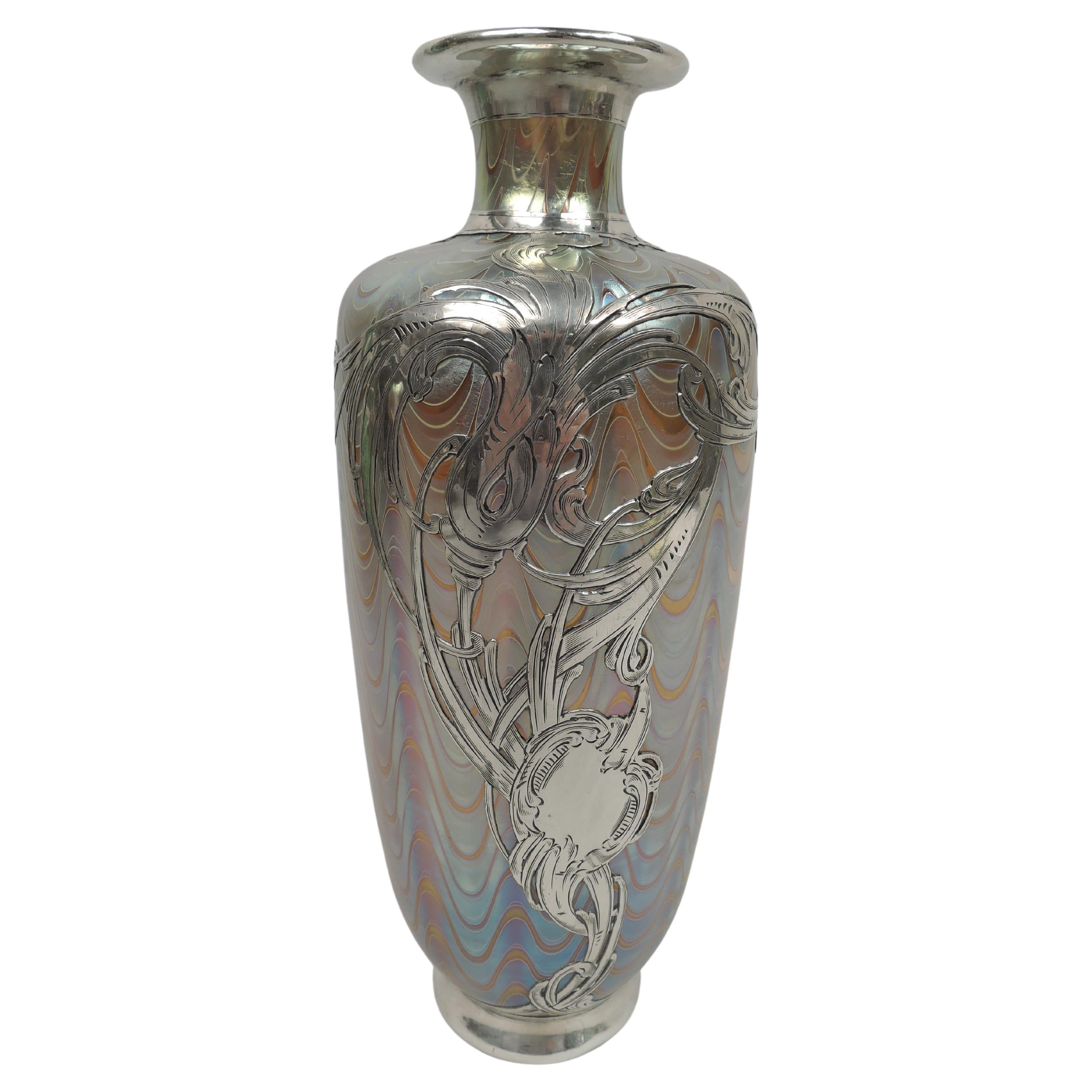 Gorgeous Loetz Rubin Art Nouveau Silver Overlay Vase For Sale at 1stDibs