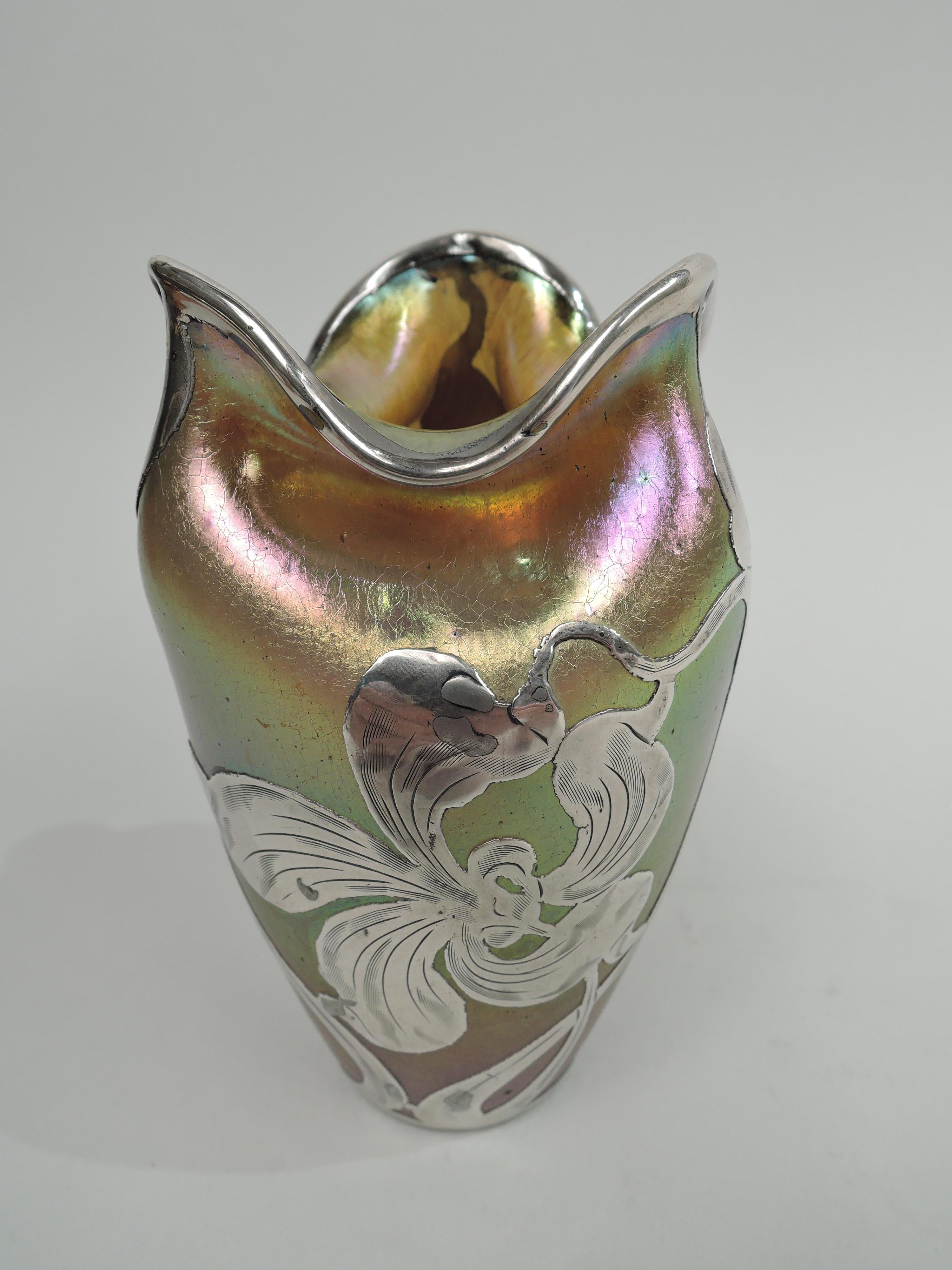 Austrian Gorgeous Loetz Silberiris Art Nouveau Silver Overlay Vase For Sale
