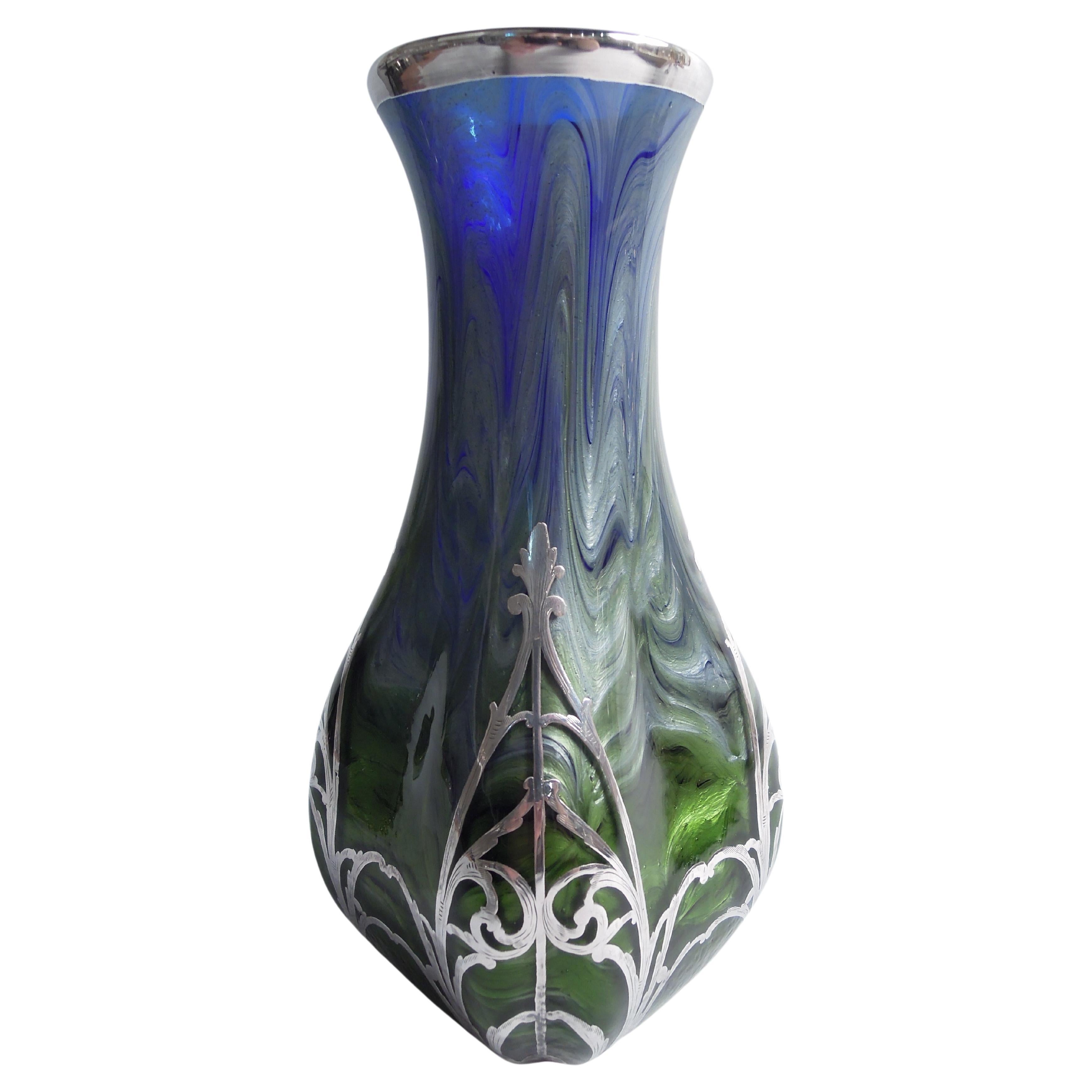 Gorgeous Loetz Titania Art Nouveau Cobalt Blue-Green Vase For Sale