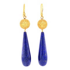 Gorgeous Long Lapis Earring with Yellow Sapphire Set in 14K Gold