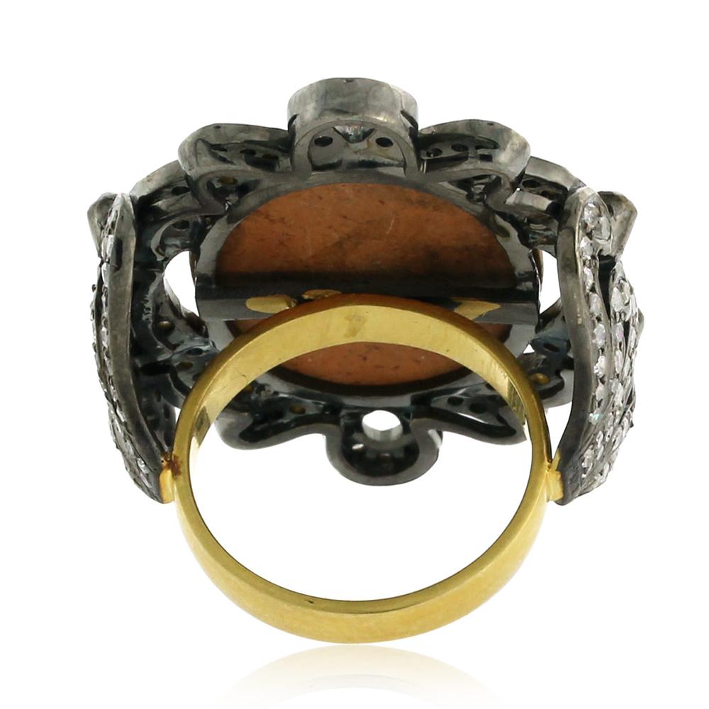 Art Deco Gorgeous Looking Lava Cameo Ring with Diamonds Set in Silver and Gold For Sale