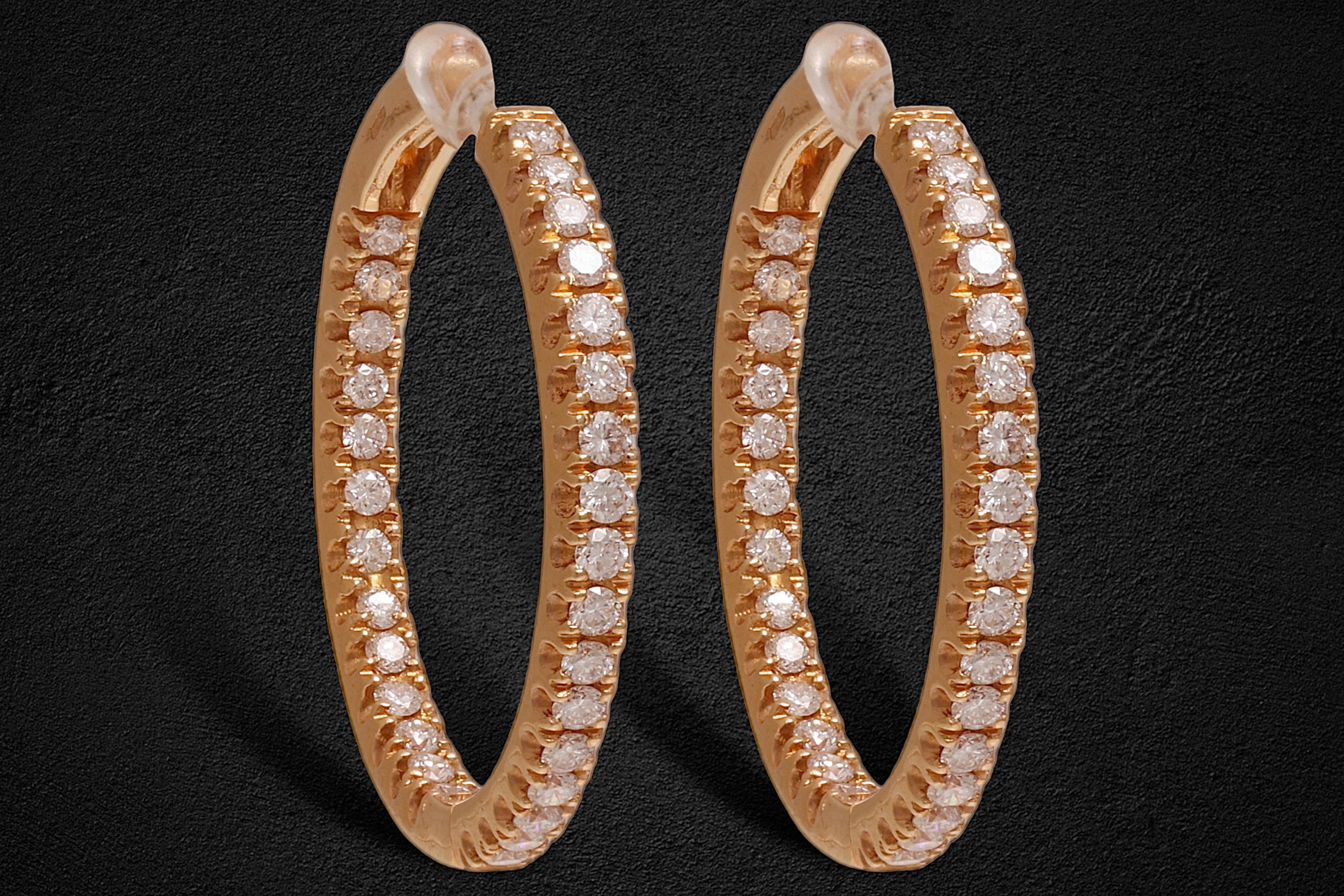 Modern Gorgeous Loop Earrings in 18 kt. Yellow gold with 1.43 ct. Diamonds For Sale
