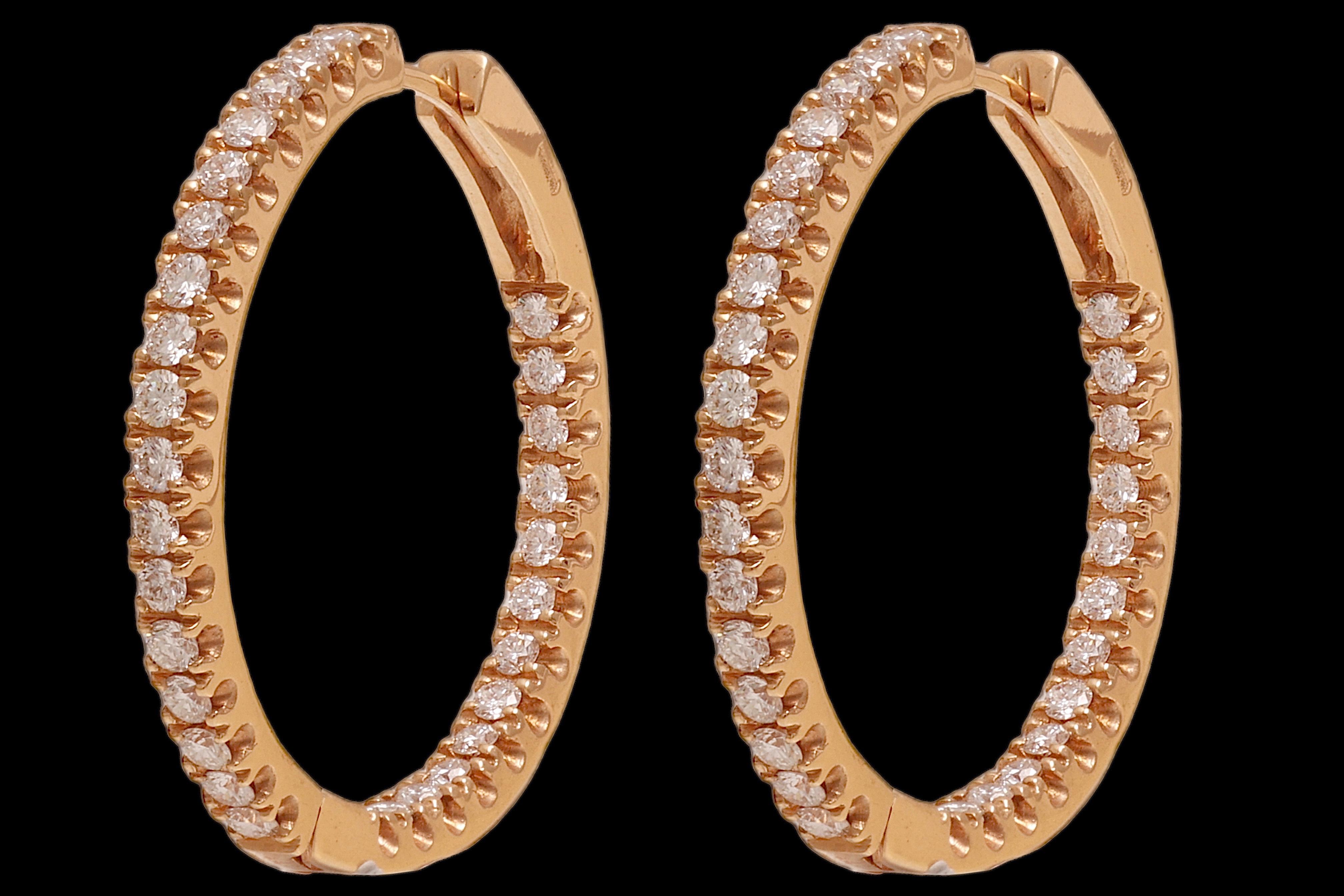 Brilliant Cut Gorgeous Loop Earrings in 18 kt. Yellow gold with 1.43 ct. Diamonds For Sale