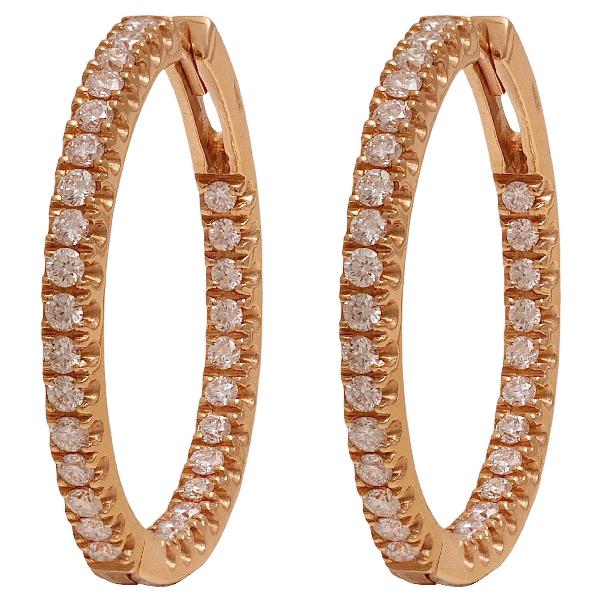 Gorgeous Loop Earrings in 18 kt. Yellow gold with 1.43 ct. Diamonds For Sale