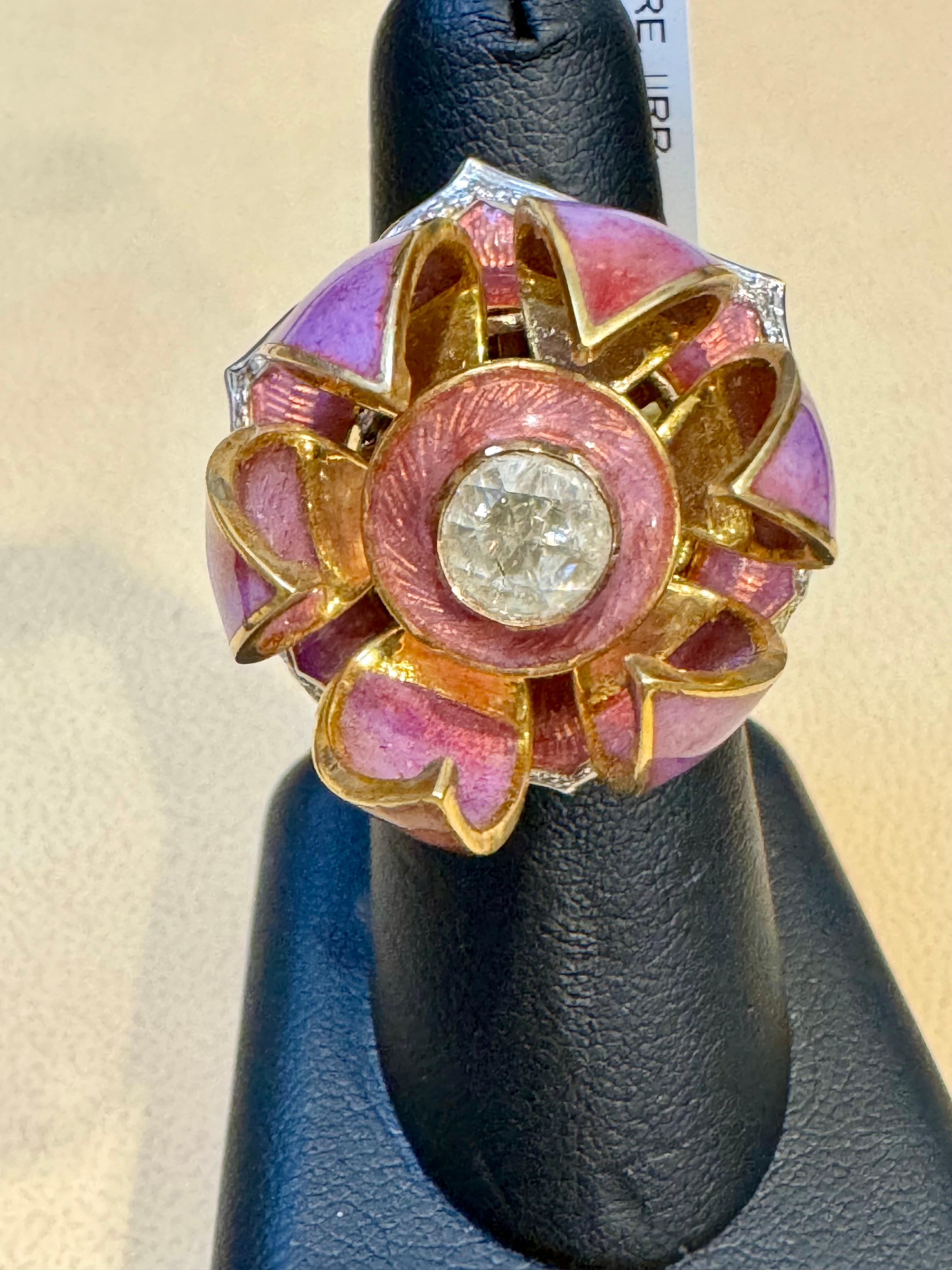 Gorgeous Lotus Flower which open & Close with solitaire Diamond and Enamel S 6.5 For Sale 5