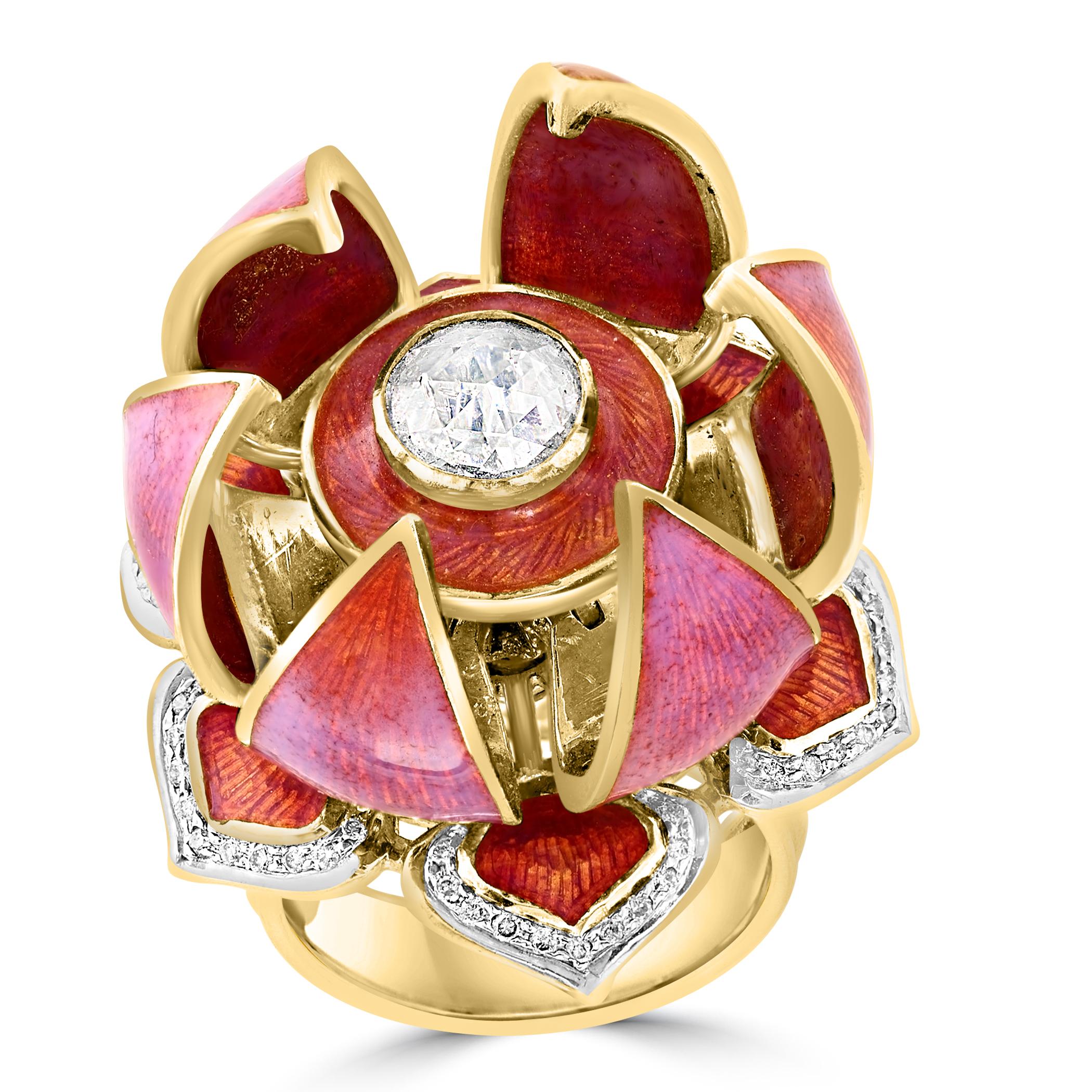 Gorgeous Lotus Flower Ring featuring a solitaire Diamond and Enamel, size 6.5. This unique ring mimics the opening of a lotus bud into a fully bloomed flower, crafted with heavy 18 Karat yellow gold weighing 26gm. The enchanting pink/lilac enamel is