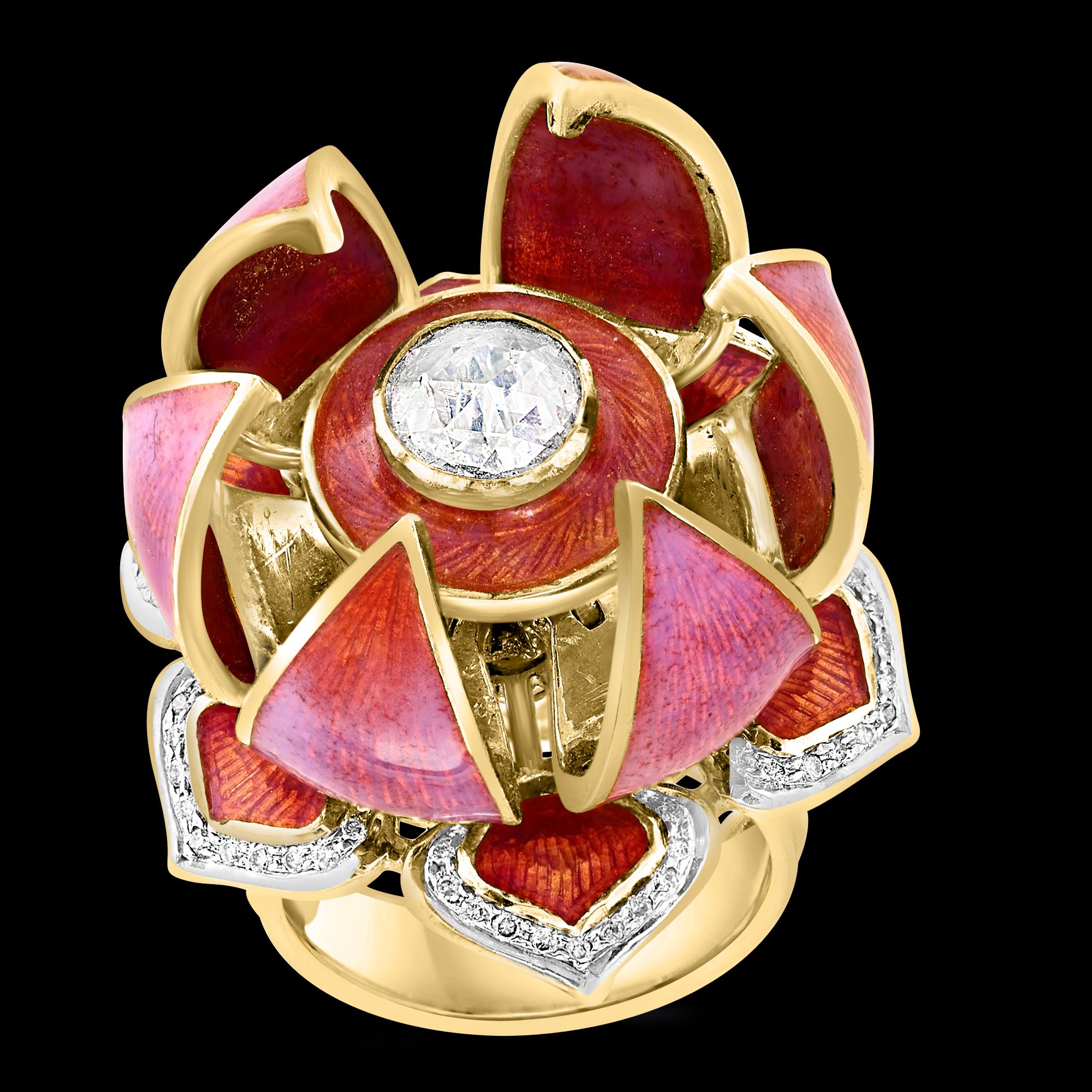 Round Cut Gorgeous Lotus Flower which open & Close with solitaire Diamond and Enamel S 6.5 For Sale